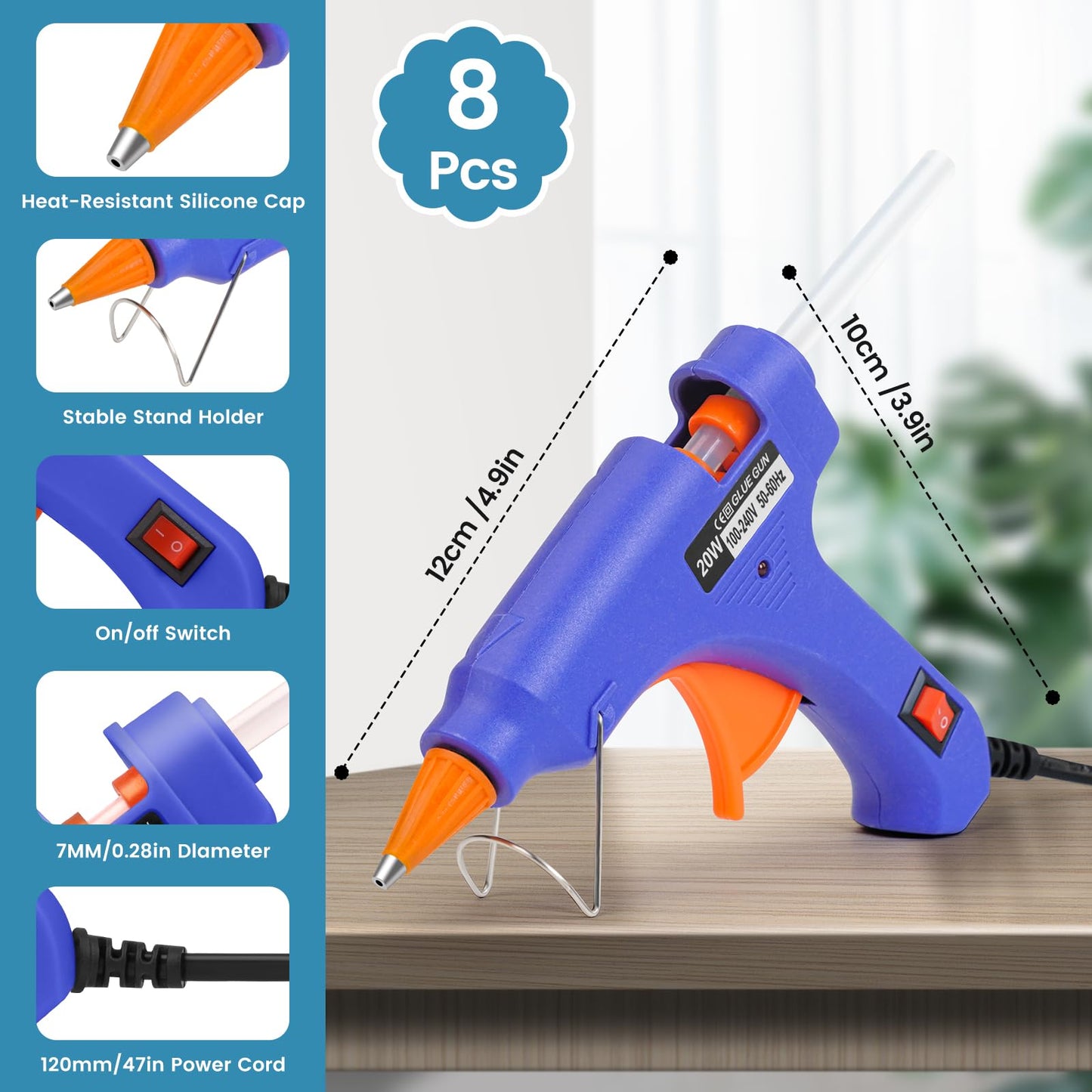 Hot Glue Gun Kit with 40 Glue Sticks, Small Glue Gun Hot Melt Arts Craft DIY for School Projects Arts Home Quick Repairs (20w) - Multicolored 8 Pieces