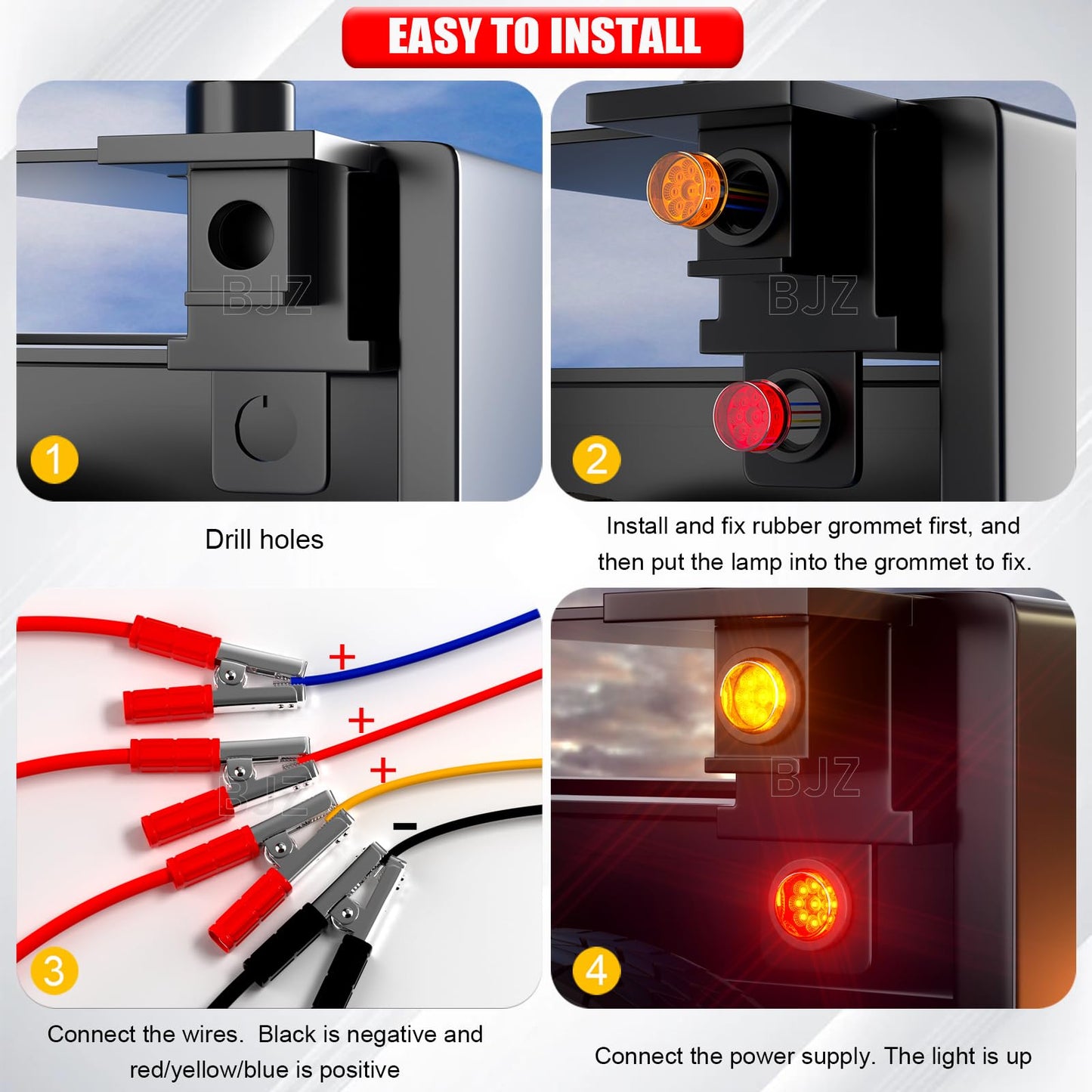 BJZ 2'' High/Low Light+Strobe Light Trailer Clearance Marker LED Lights Round Side Tail Brake Stop Turn Signal Lights Flush Mount for Trailer Truck Van RV ATV Bus Pickup RV Snowmobile (5 Red 5 Amber)
