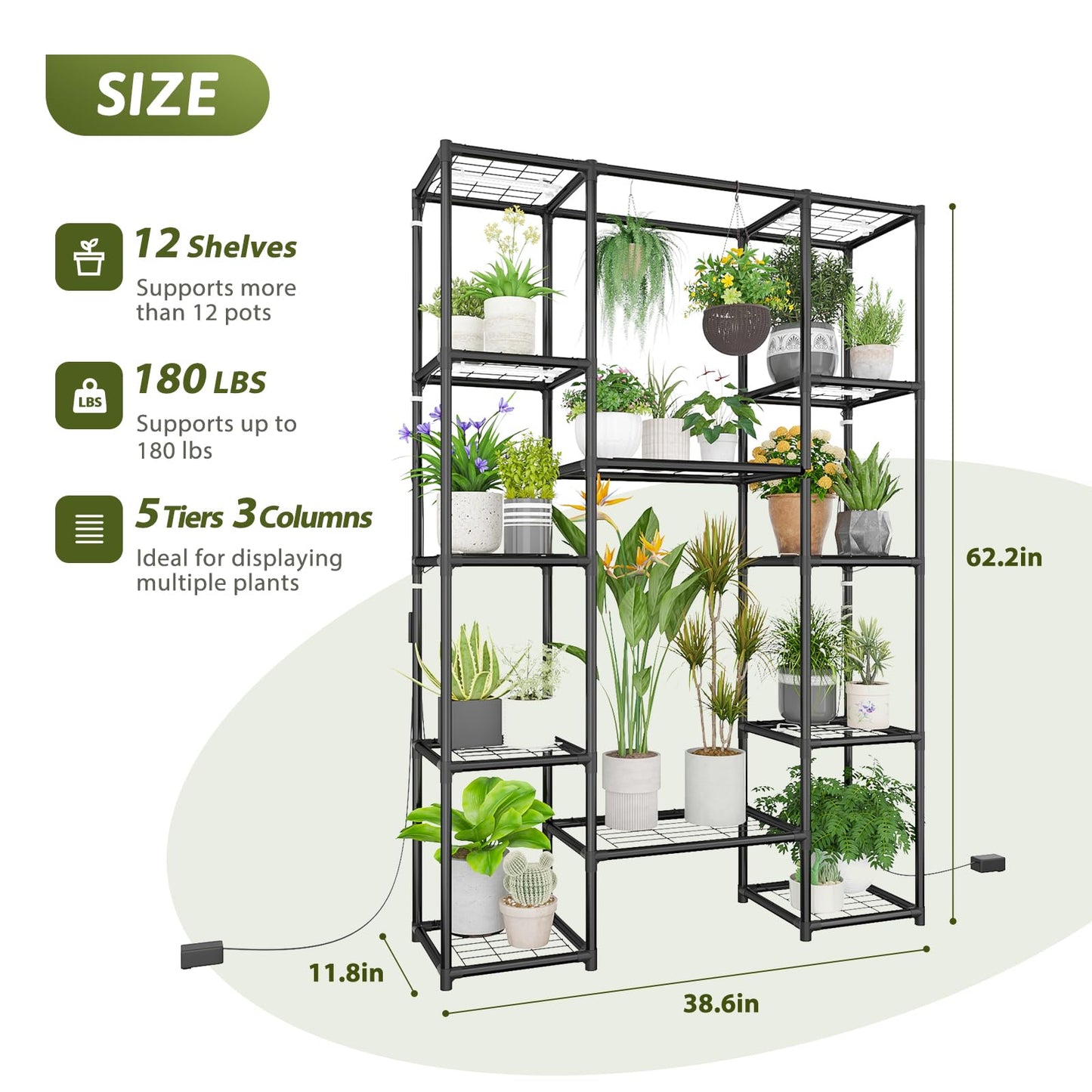 GENTINGBRO Plant Stand with Grow Light Indoor Outdoor Large Metal Plant Shelf for Multiple Plant Pots Black Plant Rack for Living Room Patio Balcony Garden