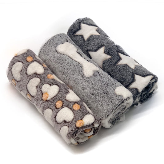 1 Pack 3 Puppy Blankets for Large Dogs Super Soft Warm Sleep Mat Grey Cute Print Fluffy Fleece Pet Throw Dog Blankets for Medium Dogs Cats,Star&Bone&Love-Large(40"x30")