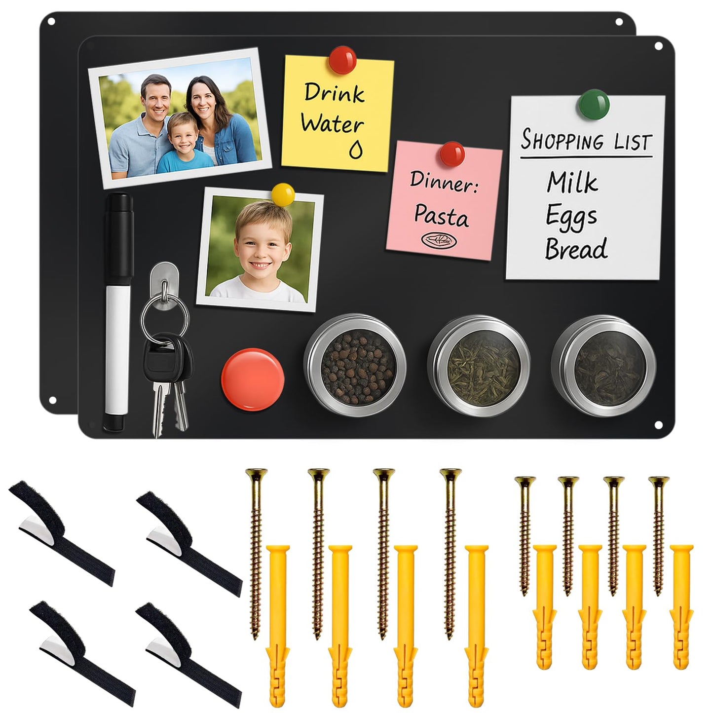 Lanpul 2 Pack Black Metal Magnetic Board, 17.3" x 11.8" Magnet Bulletin Board for Wall & Refrigerator, Display Photos Notes Letters Numbers Board, School Kitchen, with Dual Lock Tape and Screws
