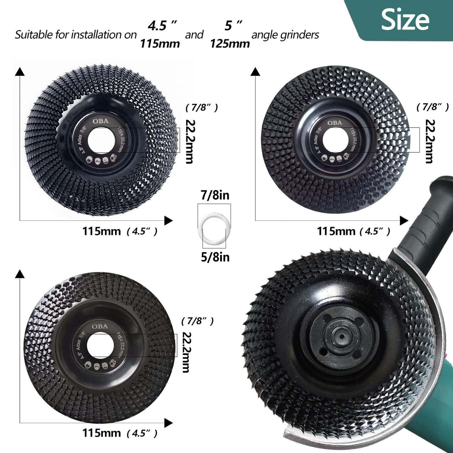 OBA Wood Carving Disc Set 3 PCS 4-1/2" Wood Grinding Wheel Sets with 7/8" Arbor for Angle Grinder Grinding and Polishing