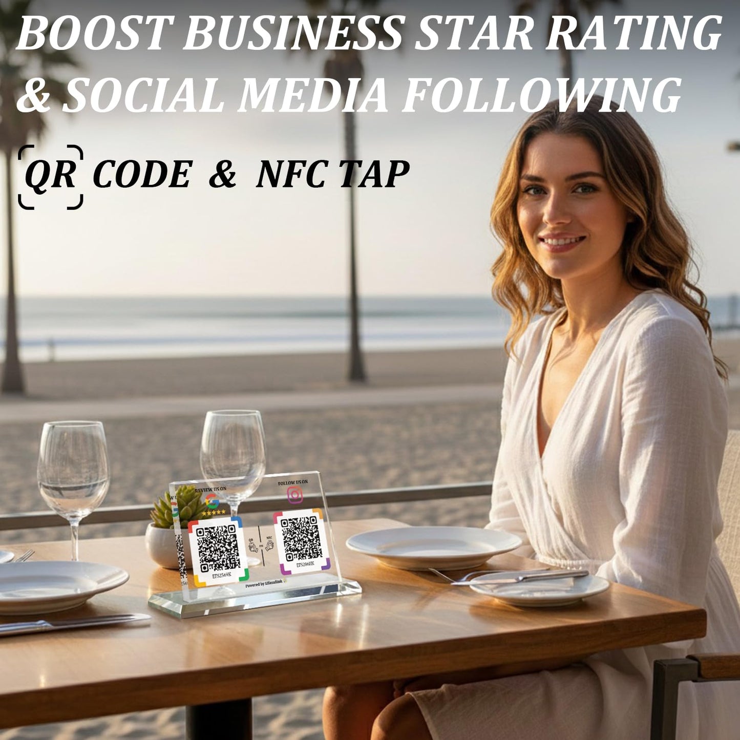 Dual Social Media Crystal Stand with NFC & QR Code - Compatible with Google Review Page & Official Websites, Boost Business Reviews & Social Media Following, No App, No Subscription, Lifetime Promotional Desktop Decor for Business