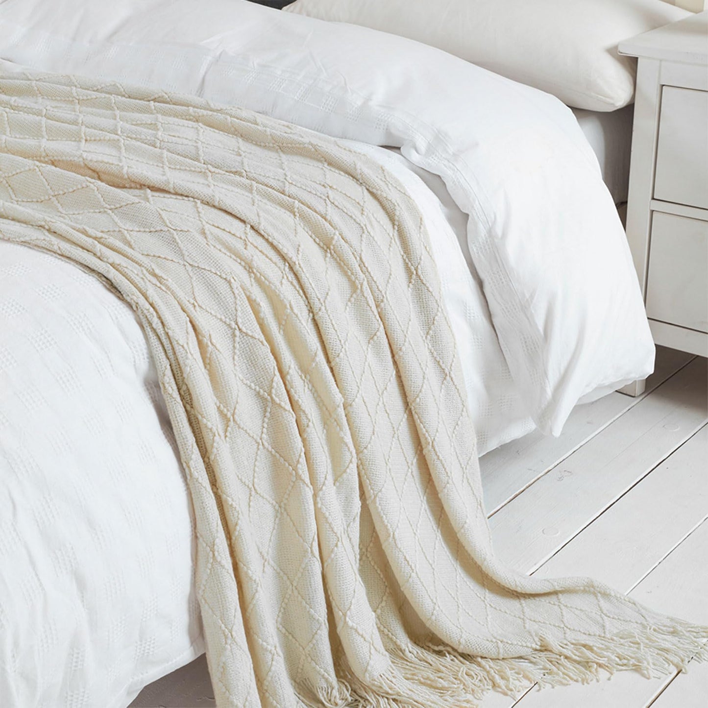 BOURINA Throw Blanket Textured Solid Soft Sofa Couch Decorative Knitted Blanket (Beige,50x60 inches)
