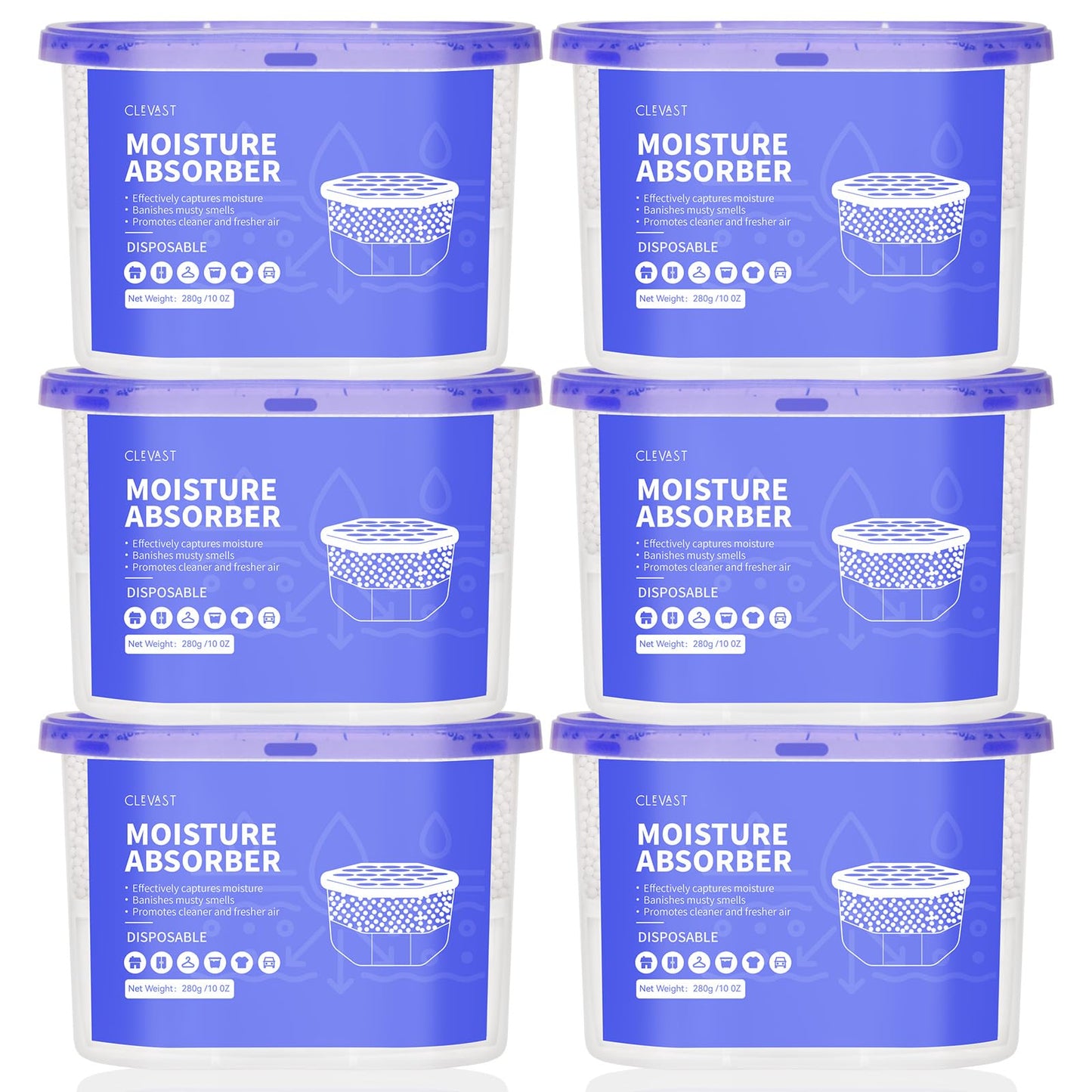 CLEVAST Moisture Absorbers Boxes, Dehumidifier for Closet, Unscented Hanging Humidity Absorber in Wardrobes, Bedrooms, Bathrooms, RV, 6 * 280g