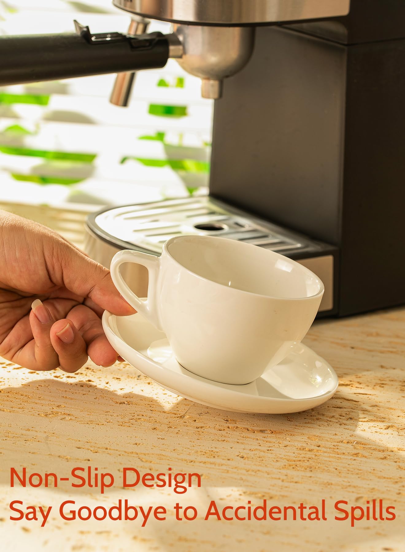 Sweese 4306 Porcelain Cappuccino Cups with Saucers - 6 Ounce for Specialty Coffee Drinks, Latte, Cafe Mocha and Tea - Set of 6, White