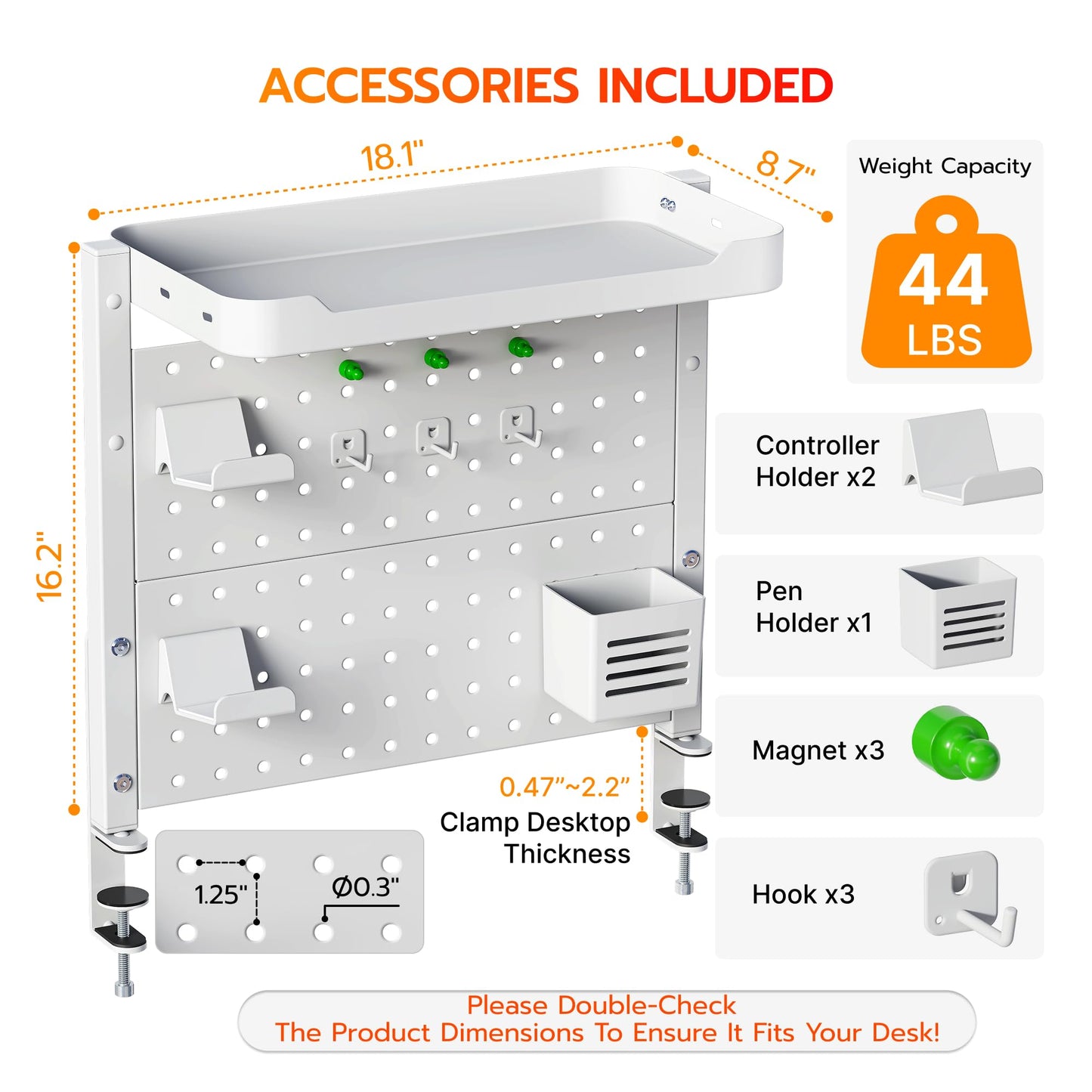 ARES WING Clamp On Desk Pegboard with 16 inches Organizer Shelf, Adjustable Above or Under Desk Storage Shelf Holds 44 lbs, Magnetic Metal Peg Board for Office and Gaming Accessories, White