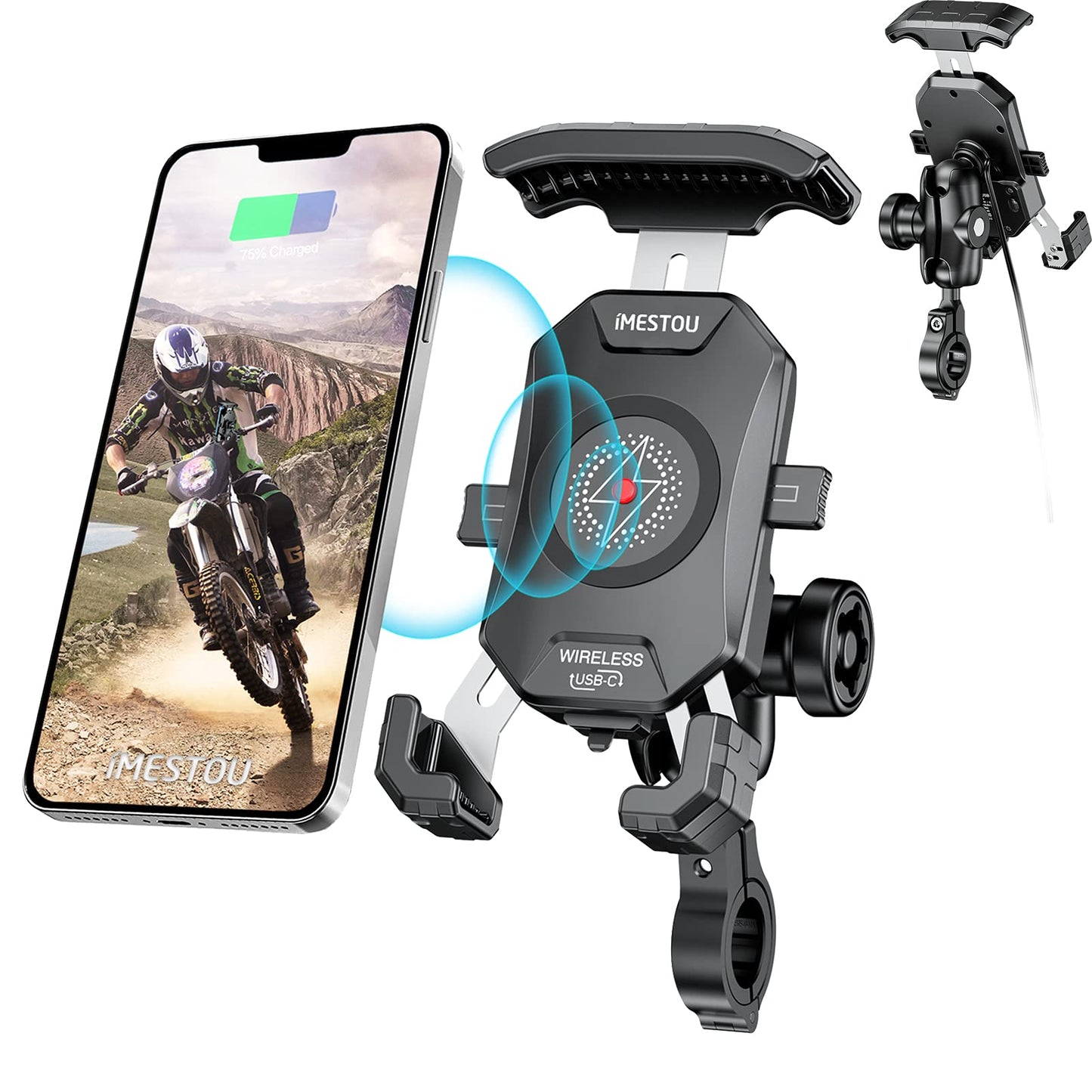 iMESTOU Anti-Thief Motorcycle Wireless Phone Mount Charger 15W & USB C 3A Handlebar 1" Ball Stem Phone Holder Works with 12V/24V Vehicle/USB Socket Quick Charge for 4.0-7.0" Cellphones