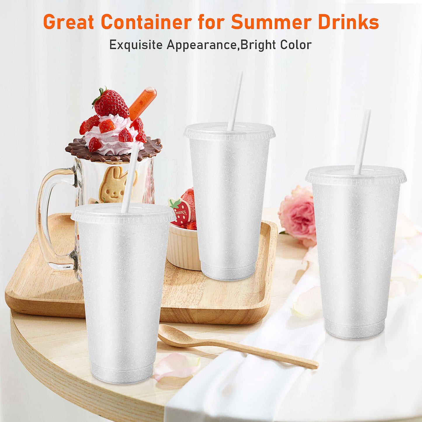 24 Pcs Plastic Glitter Cups with Lids and Straws,24 oz Reusable Tumbler Bulk Water Bottle Iced Coffee Cup Travel Mug for Smoothie Juices Birthday Party Supplies (White)