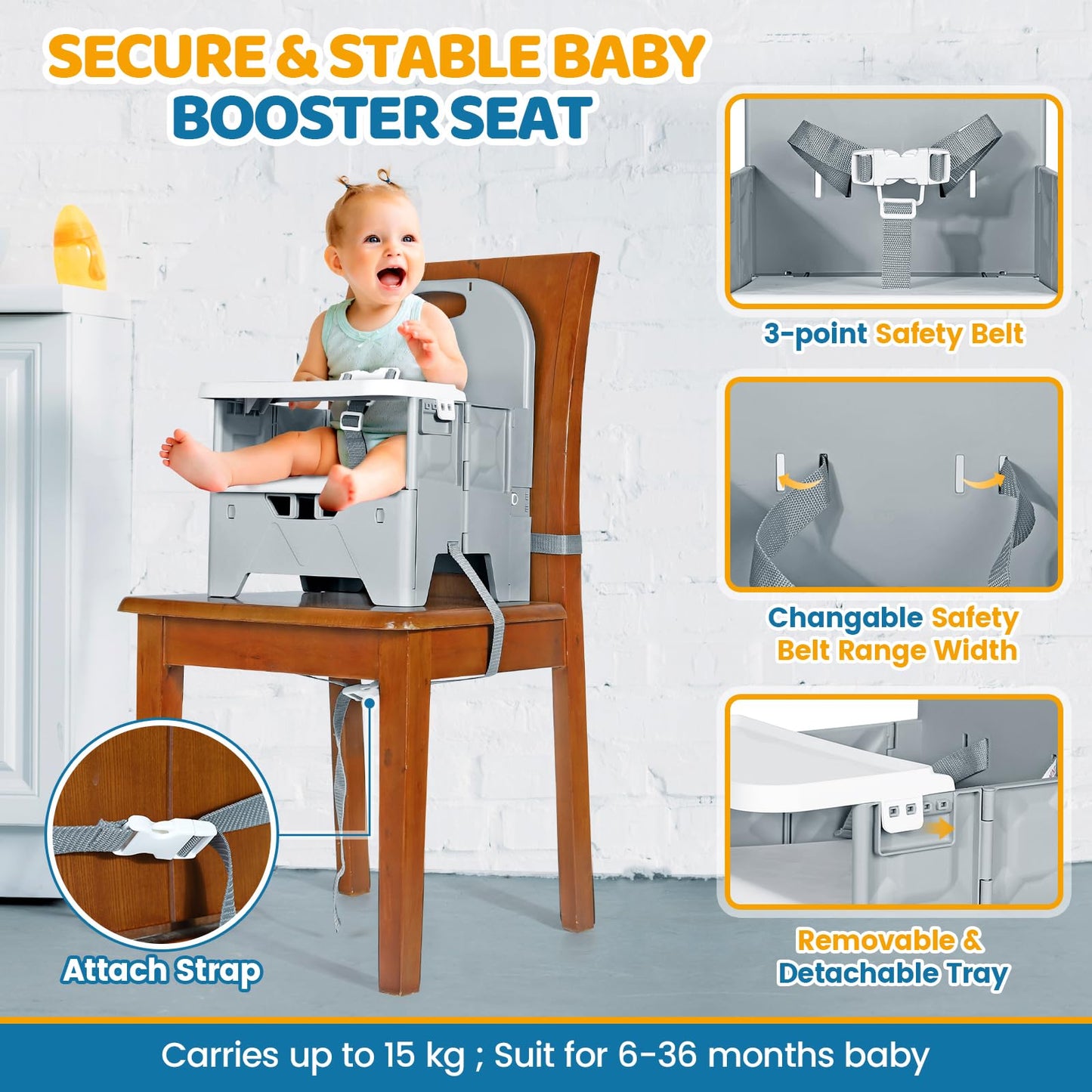 Orzbow Foldable Booster Seat with Dining Tray for Baby, Dining Table, Camping, Beach and Family Visits, Portable Kitchen Booster Chair, Baby Chair for Travel, 6-36 Months Up to 15 kg Toddler, Grey