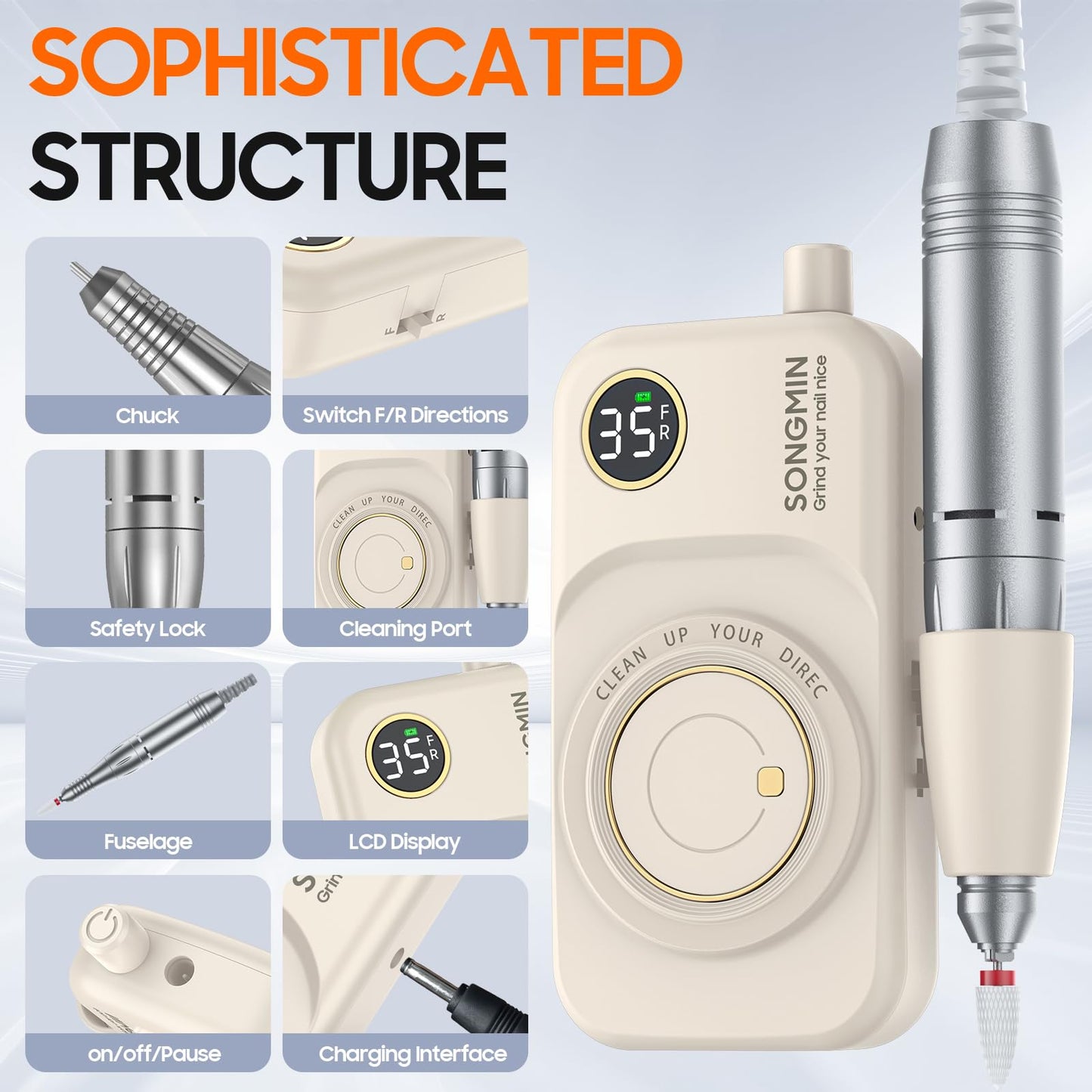 Professional Nail Drill 35000 RPM,SONGMIN Portable Cordless Efile with Bits Kit for Acrylic Nails Gel Polishing Removing,Rechargeable Electric Nail File Machine for Manicure,Pedicure Salon Home,White