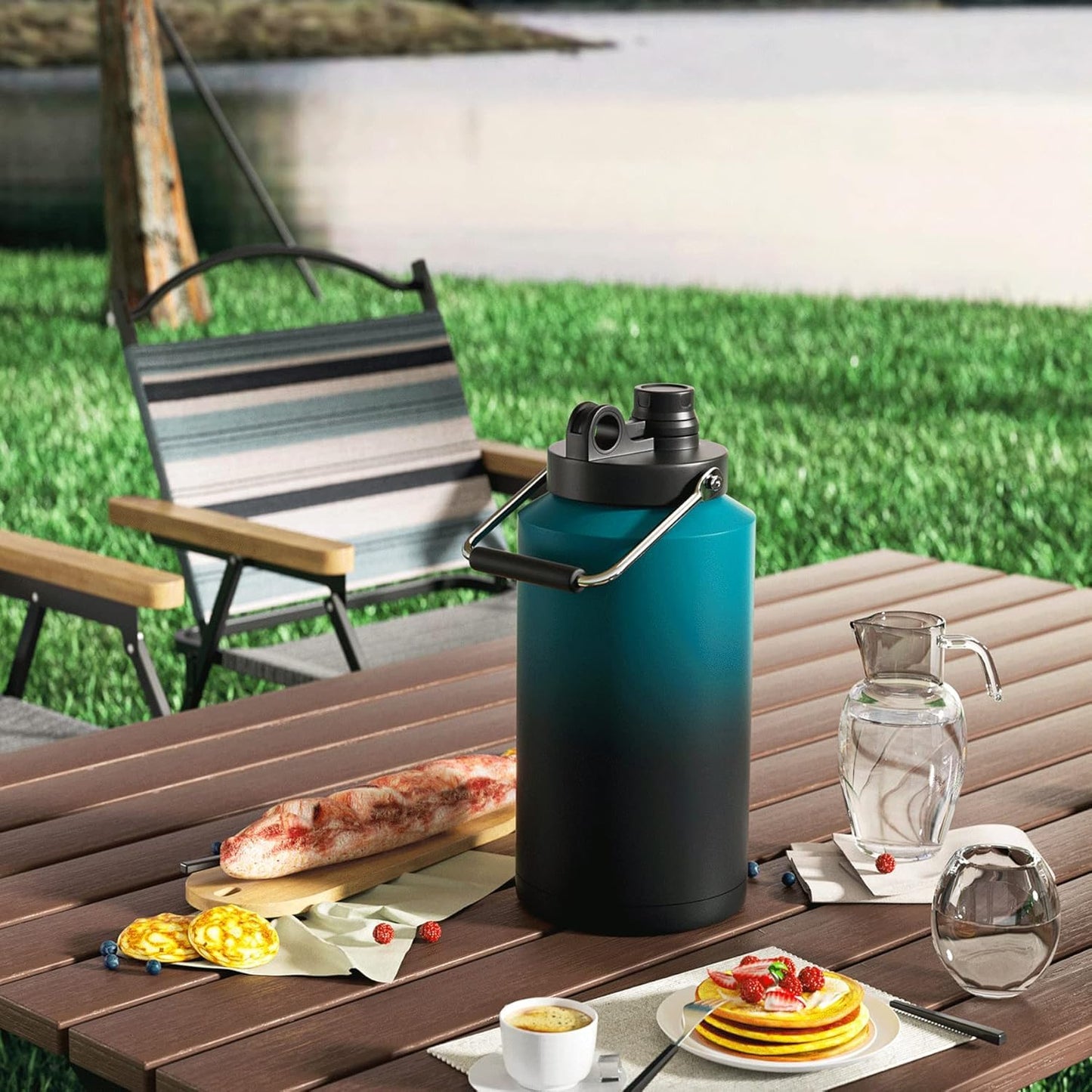 Kerilyn Insulated Jug with Handle, 1 Gallon, 128oz Stainless Steel, Large Double Vacuum Water Bottle for Hot & Cold Drinks, Wide Mouth, Sweat Proof, Great for Travel, Hiking & Camping, Blue & Black