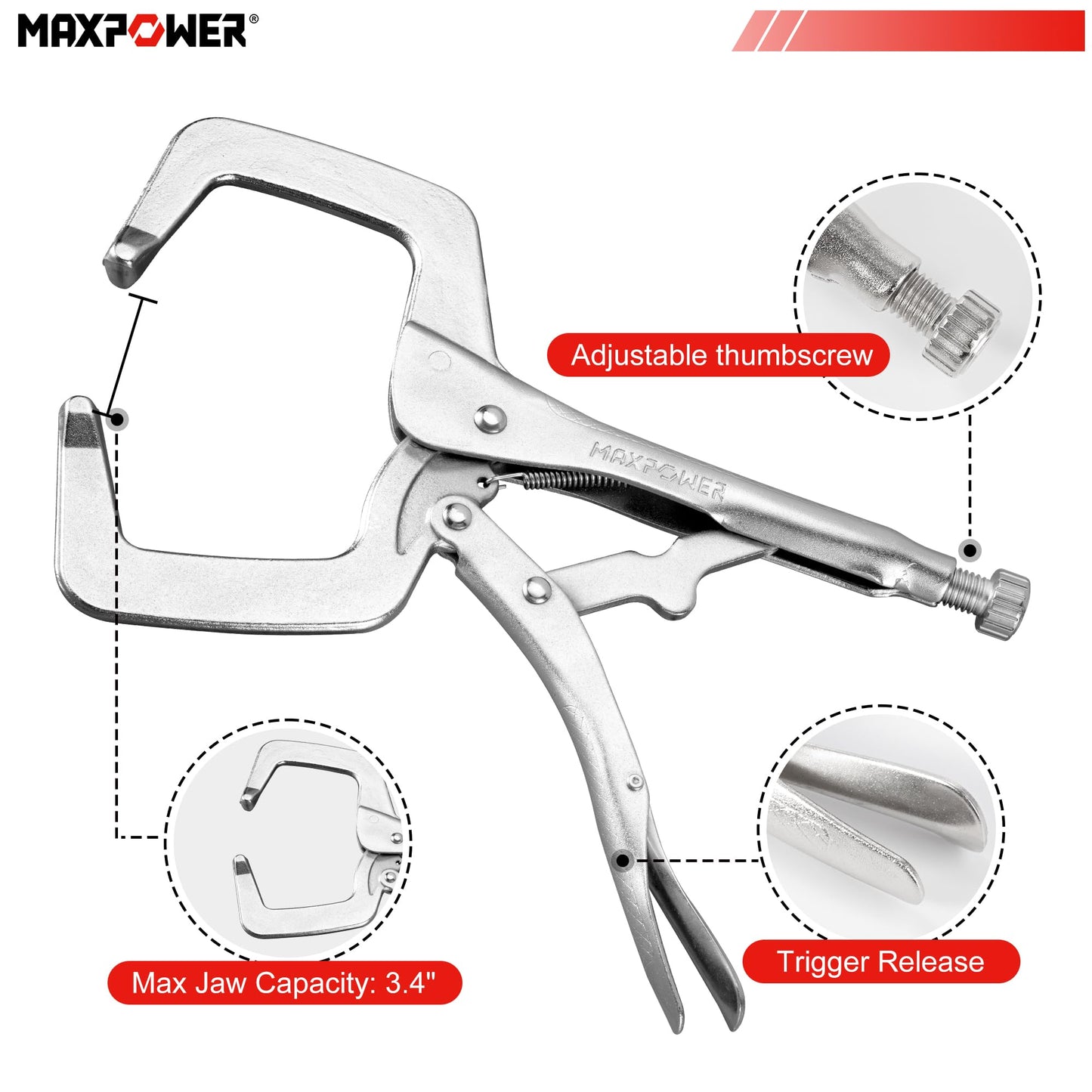 MAXPOWER 11-inch Locking C Clamp, Heavy Duty C-Clamp Locking Pliers with Regular Tip for Welding - 4 Pack