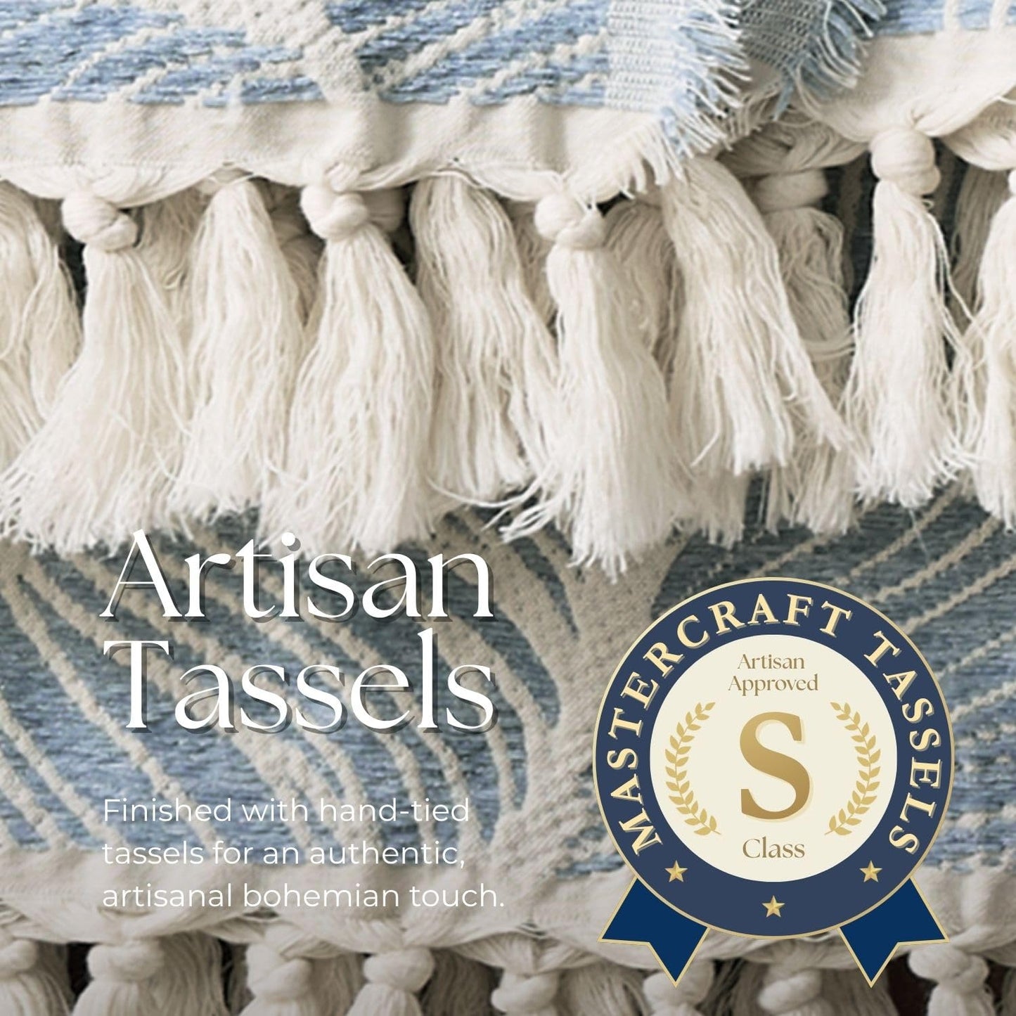 DOWN HOME Chenille Cotton Throw Blanket for Couch, Lightweight Boho Blanket for Bed Sofa Chair Living Room Outdoor Soft Woven Decorative Blanket with Tassel Gift Blue Leaves 55"x60"