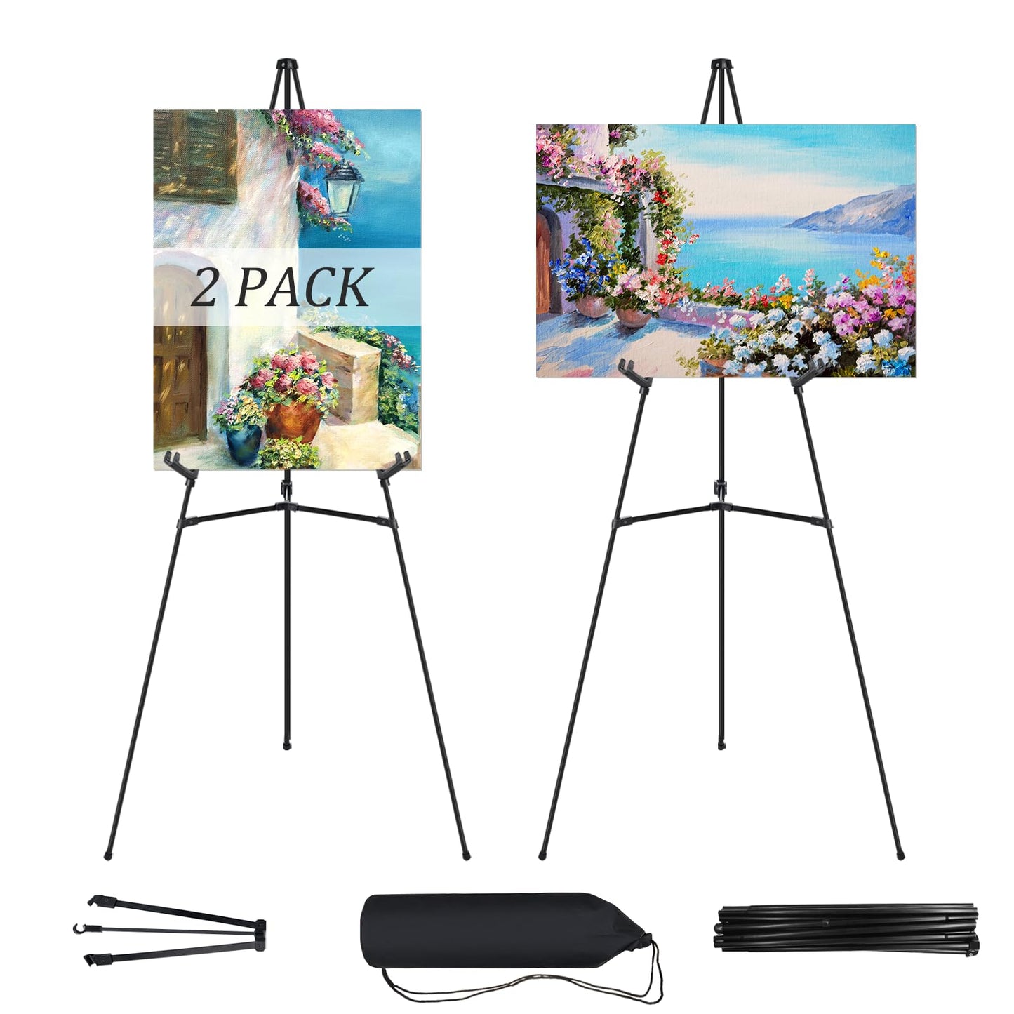 JEAWIWI 2 Pcs Black Easel Stand for Wedding Signs, 65" Black Adjustable Welcome Sign Stand, Foldable Portable Sign Easel Stand with Accessories, Metal Poster Easel for Art Displays and Events