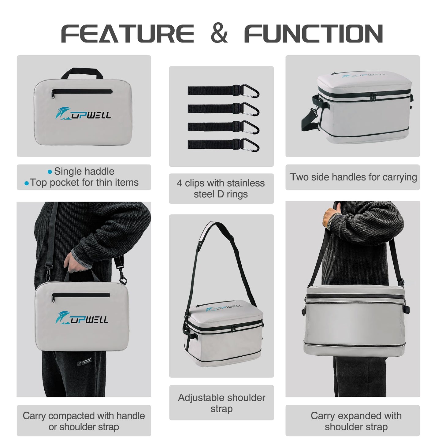 UPWELL Paddleboard Accessories SUP Cooler Deck Bag, PVC Paddle Board Dry Bag, 30 Cans Surf Cooler Bag for Paddle Board, Kayak, Grey Soft Small Camping Cooler for Travel Beach Waterproof