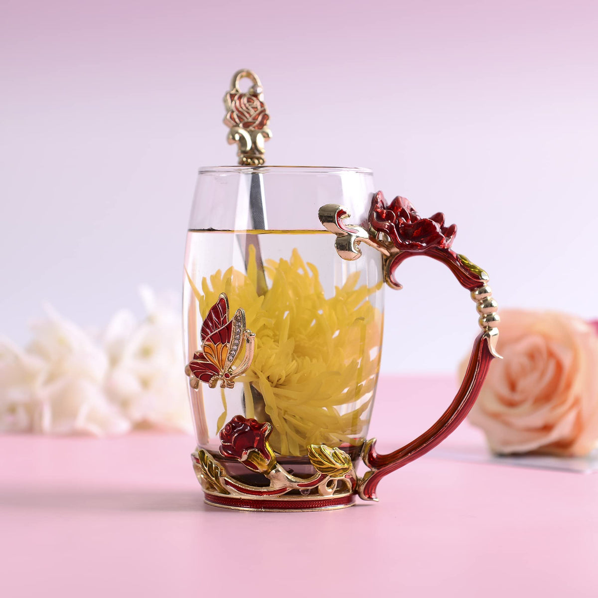 WOBOX Glass Coffee Cup Tea Mug & Gifts with Spoon Set Handmade Enamel Butterfly Rose Flower for Mothers Day Gift, Women(2 Set Red)