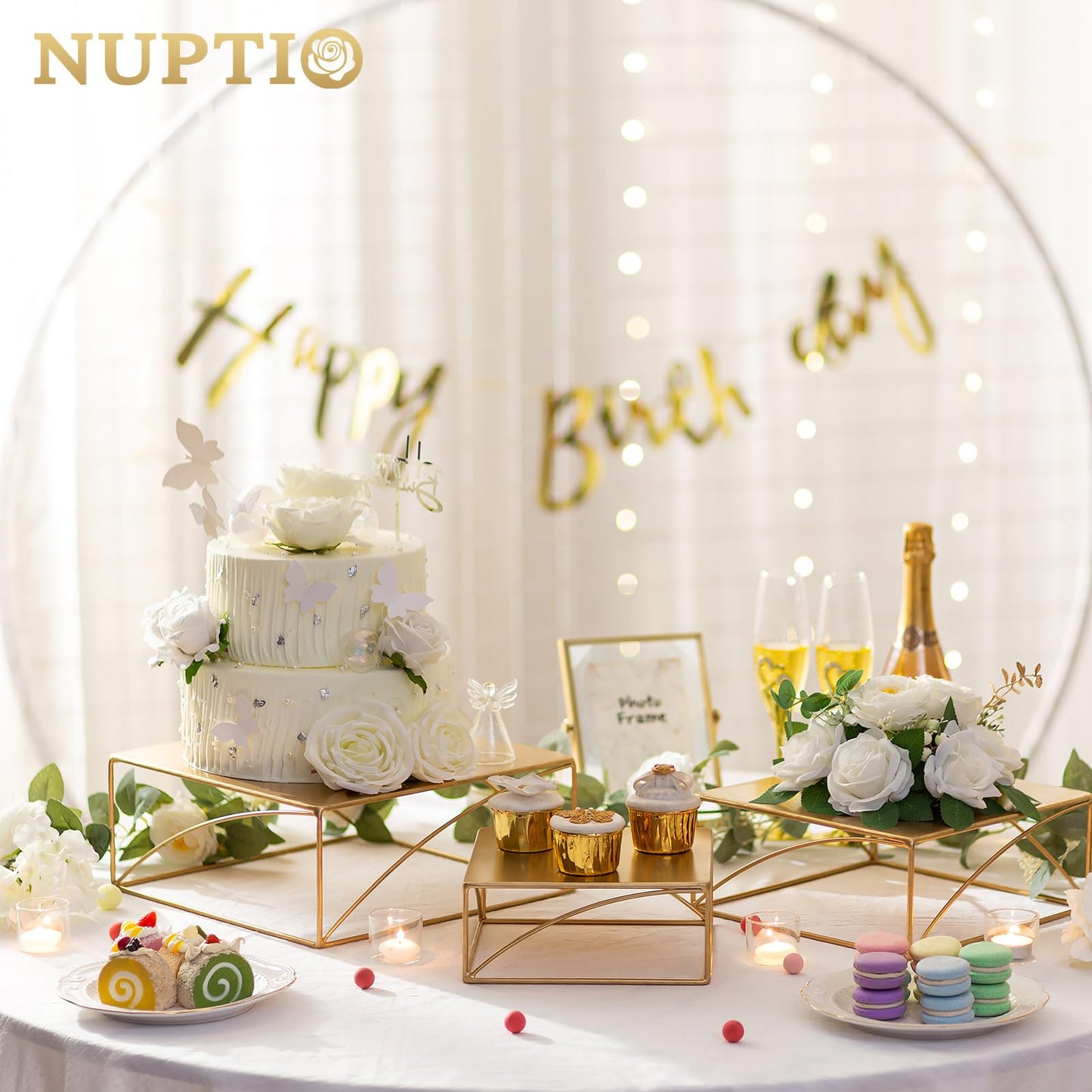 NUPTIO Cake Stand Dessert Display: Gold Cupcake Stands Set of 3 Metal Food Risers for Buffet Table Pedestal Serving Tray for Wedding Anniversary Reception Ceremony Modern Plant Stand 21 26 31CM