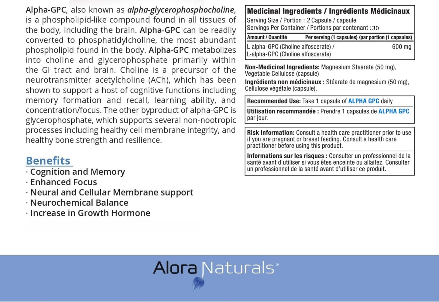 Alora Naturals Alpha GPC 600mg | High-Potency Choline Supplement for Brain Health, Focus & Memory | Acetylcholine Nootropic for Cognitive Support | Vegan, Non-GMO | 60 Capsules (Pack of 2)