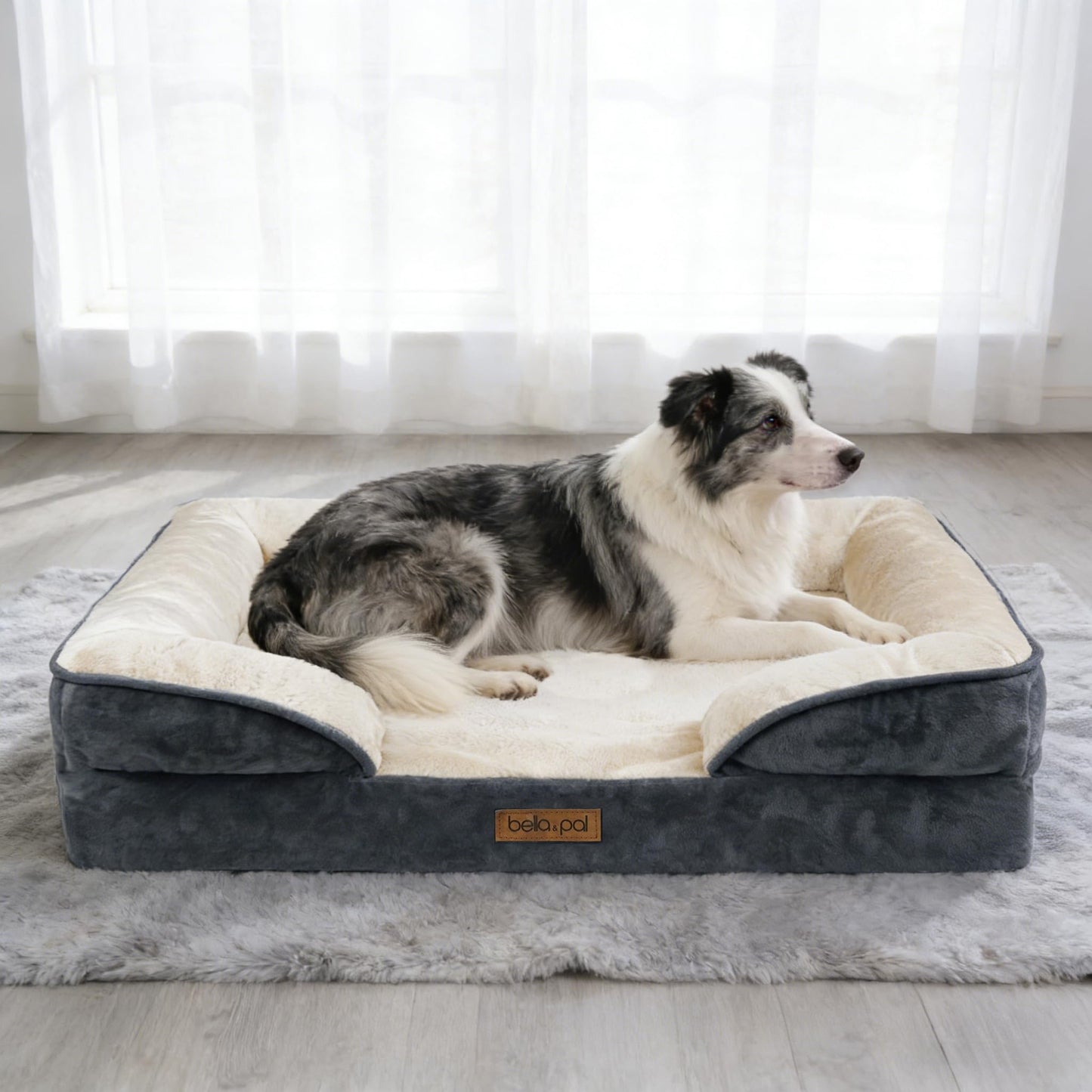 BELLA & PAL Orthopedic Dog Sofa Bed for Medium/Large Dogs – No Assembly Needed, Egg-Crate Foam Dog Couch with Waterproof Liner, Washable Removable Cover, Non-Slip (Gray, 91.5L x 68.5W x 16.5H cm)