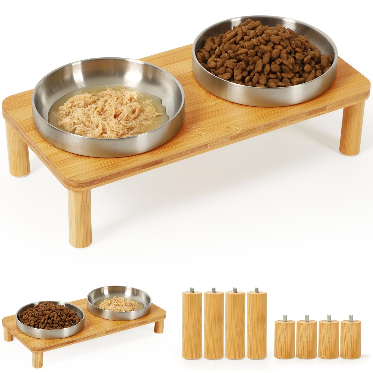 DoogCat Elevated Cat Bowls for Indoor Cats – Raised Bamboo Cat Food Table with 2 Stainless Steel Dishes, Adjustable Height (4.25"/3.07"), Whisker Friendly Feeding Station