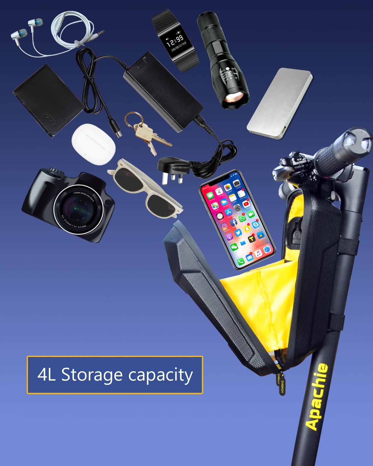 Scooter Storage Bag with USB Charging Port, Adults Electric Scooter Handlebar Bag, Waterproof Front Hanging Bag for GYROCOPTERS/ECOROAD/EVERCROSS/Gotrax/Hiboy Scooter Accessories, 4L EVA Hard Shell