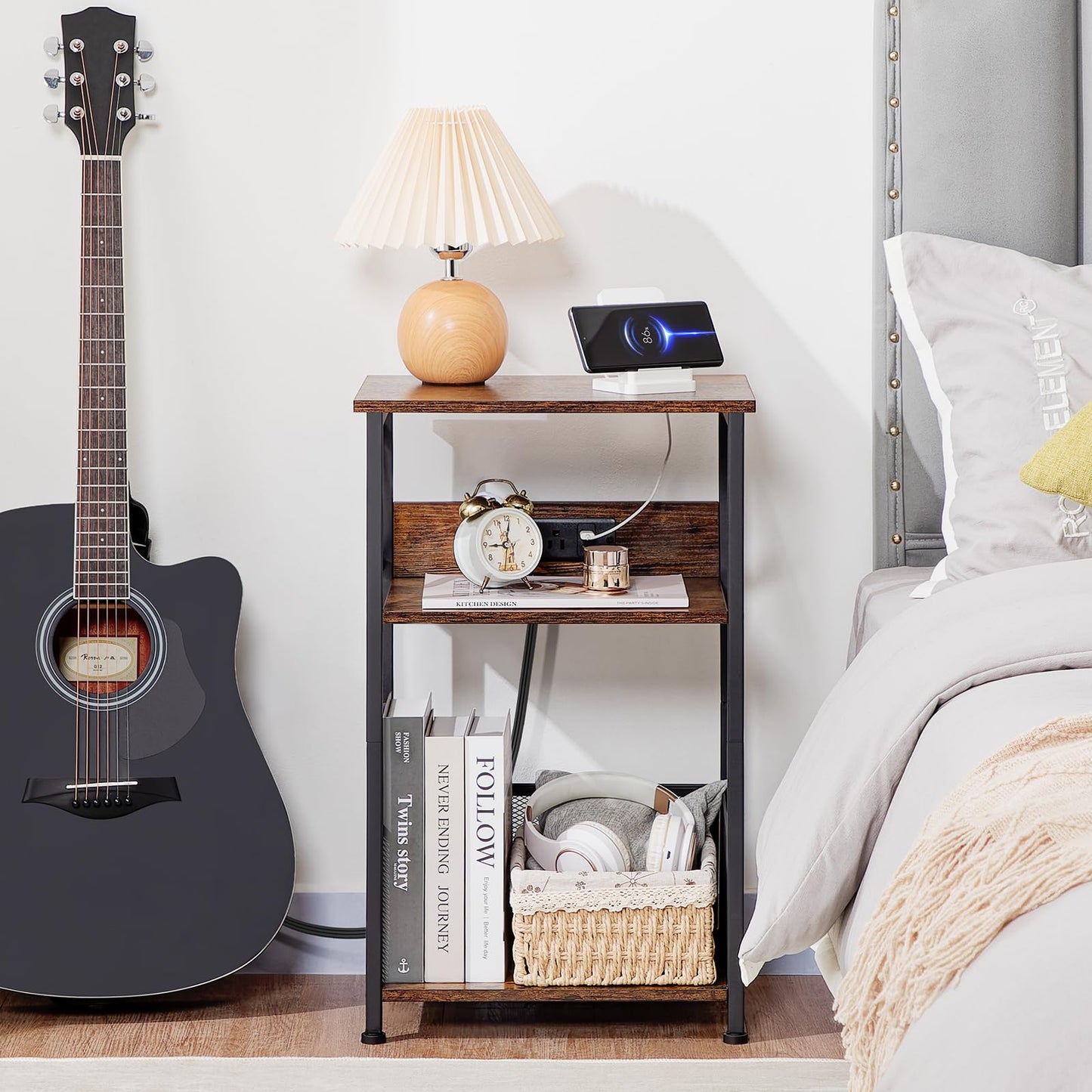 AMHANCIBLE Record Player Stand with Charging Station, Turntable Stand with Storage Cabinet, 3 Tier End Table Hold Up to 100 Albums, Record Stand for Vinyl, Living Room, Rustic Brown, HETCD01BR-1