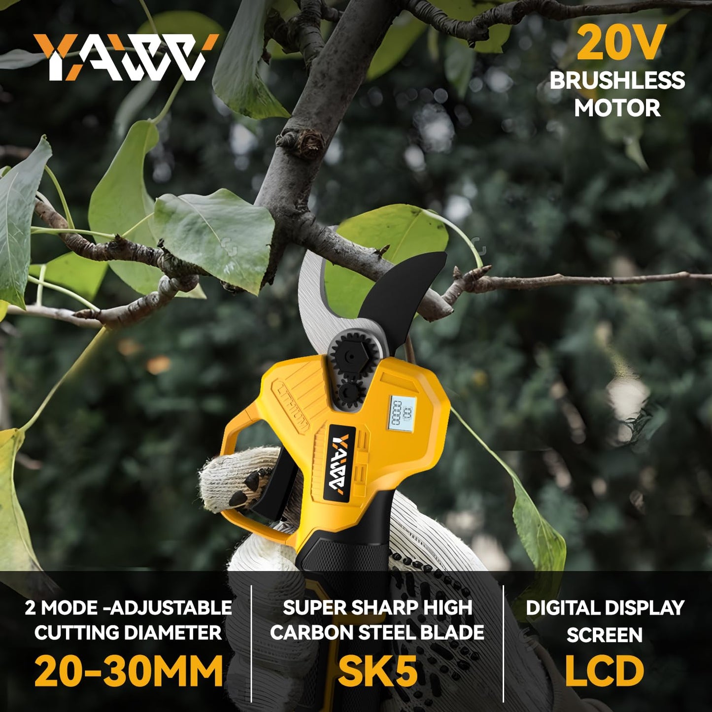 Brushless Electric Pruning Shears for Dewalt 20V Battery, Portable Cordless Pruning Shears with LCD Display＆SK5 Blades, Adjustable Cutting Diameter 0.8-1.2 Inch for Gardening Tree Pruning(NO Battery)