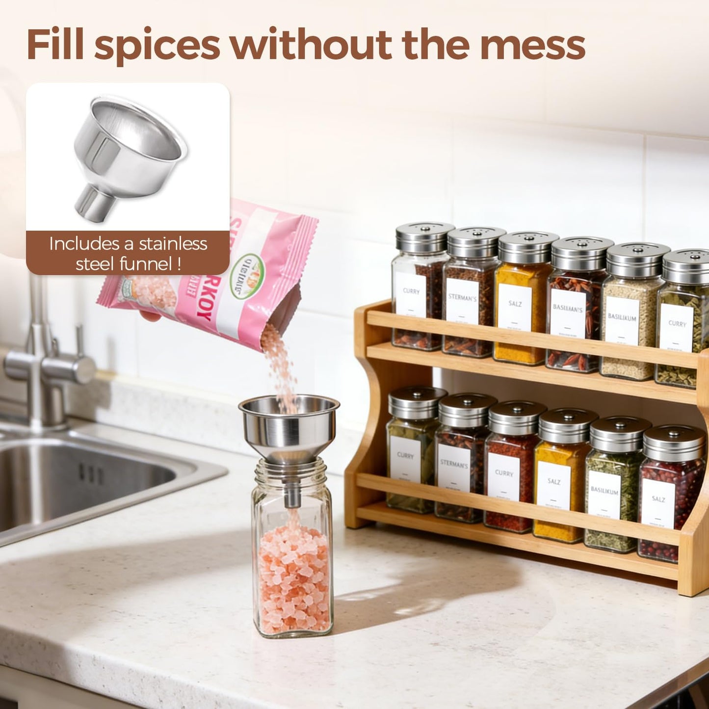 ComSaf 24 Pcs Glass Spice Jars Set with 3-in-1 Shaker Lids, 4oz Square Spice Containers for Drawer and Pantry Organization, Includes Stainless Steel Funnel and Labels for Herbs and Season