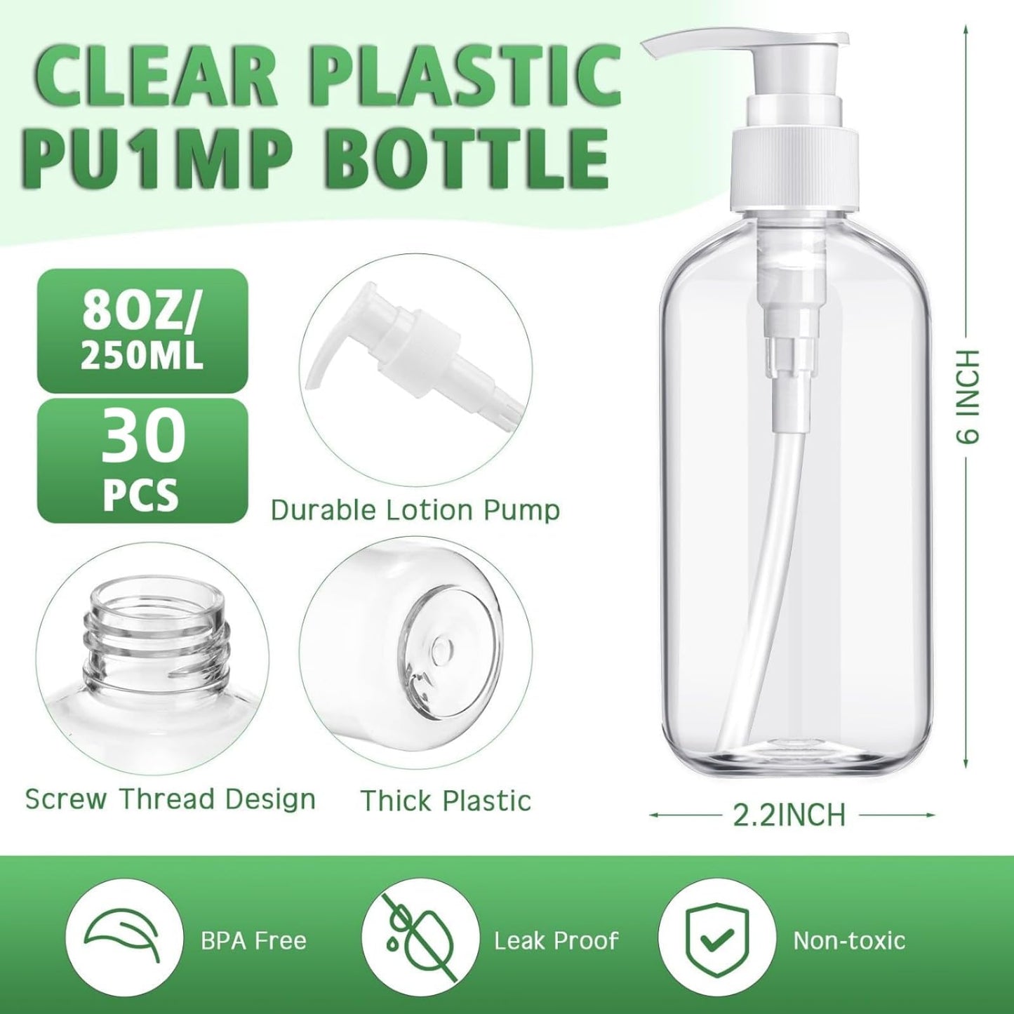 30 Pcs Refillable Empty Lotion Bottles 8oz/250ml Clear Plastic Pump Bottles Conditioner Shampoo Dispenser Leak Proof Black and White Pump Container for Body Wash, Creams, Liquid Soap