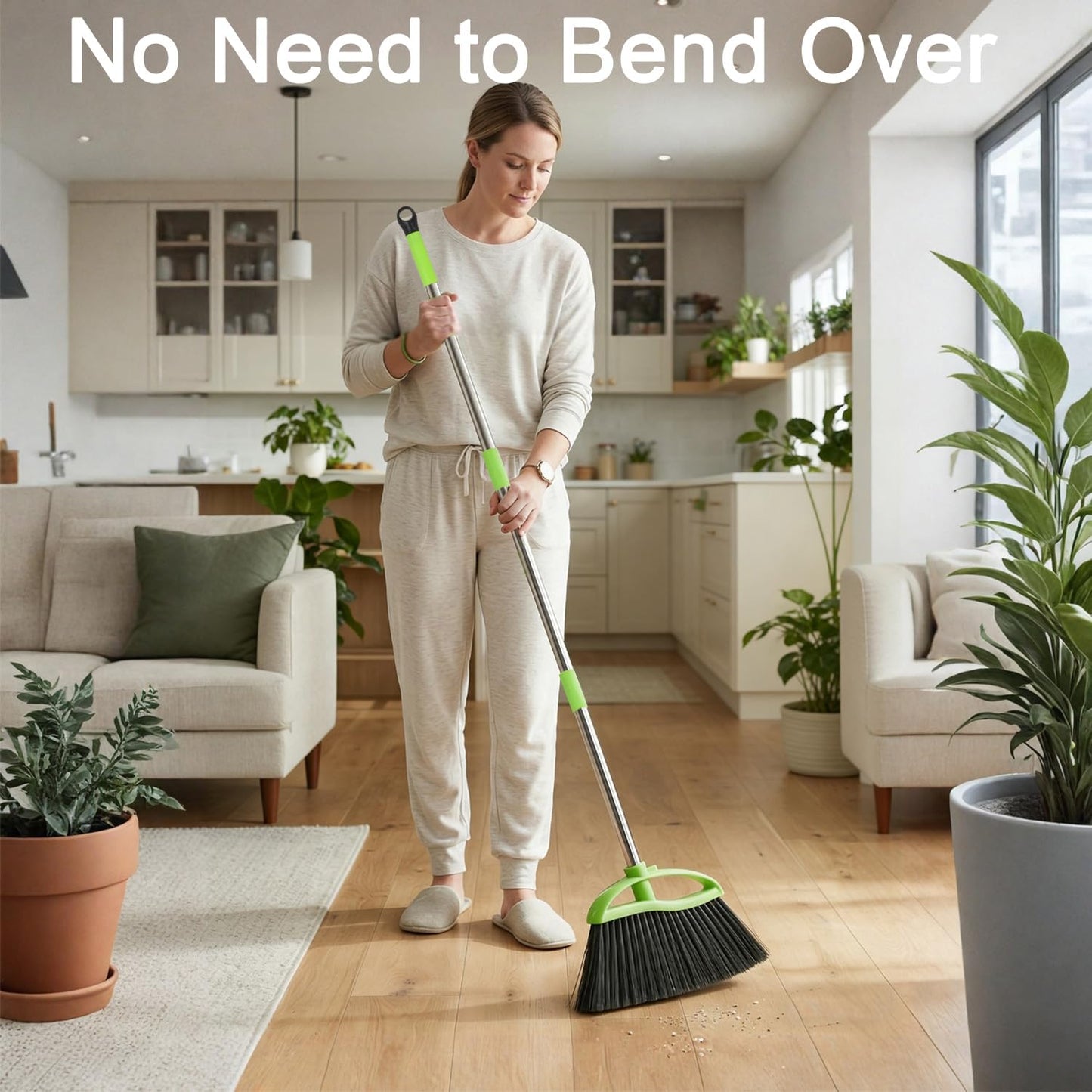 3 Packs Indoor Brooms Green Angle Broom Soft Bristles Long Handle for Hardwood Floor Sweeping