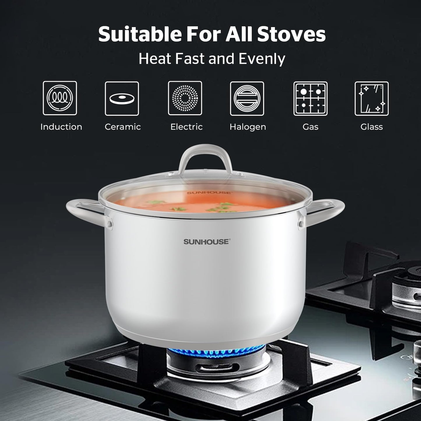 SUNHOUSE Stainless Steel Stock Pot - 13 Quart Heavy-Duty Induction Cooking Pot with Visible Lid for Pasta, Soup, Spaghetti - Nonstick Thick-Bottom Deep Stockpot for Canning, Boiling, and Simmering
