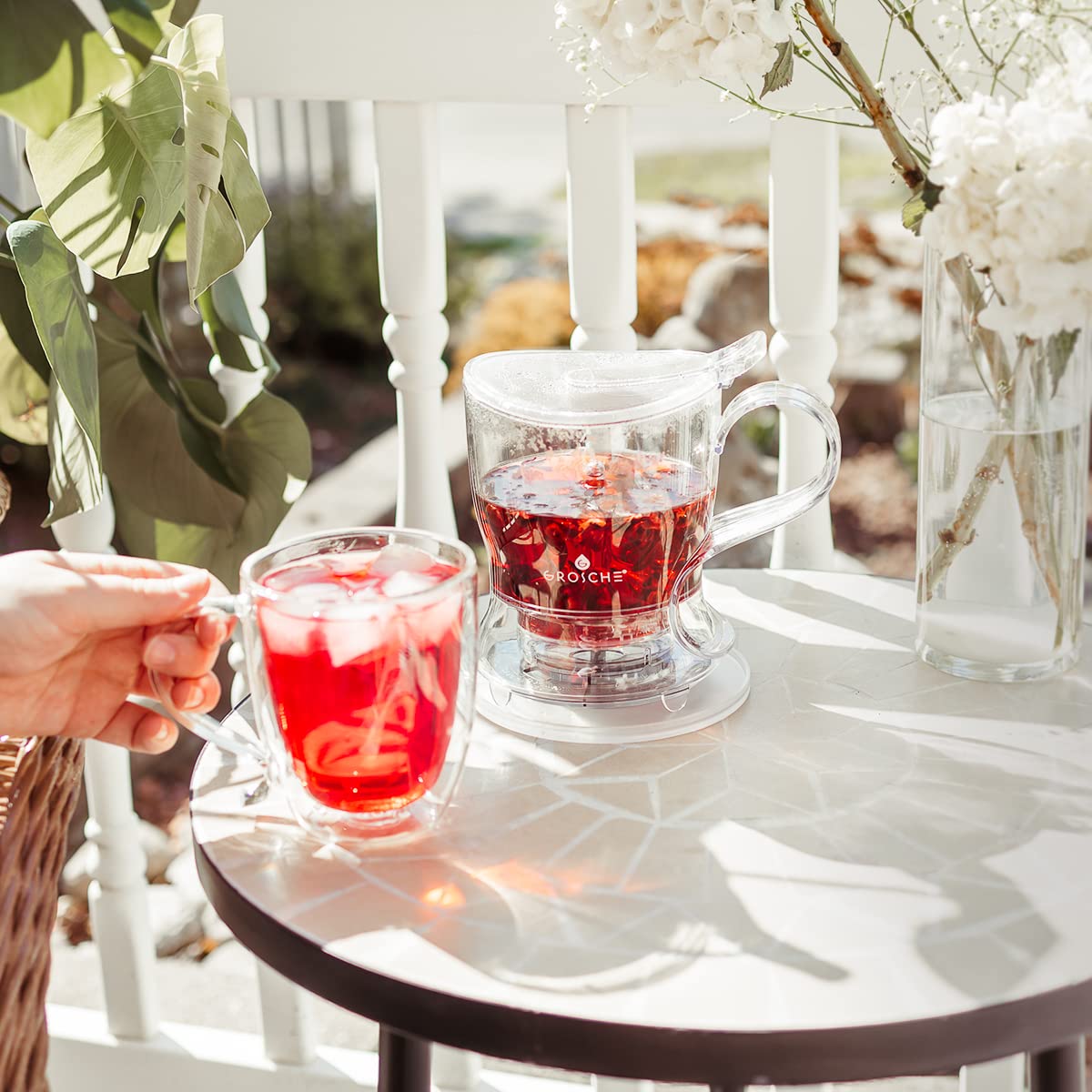 GROSCHE Aberdeen Tea Steeper with Coaster, Loose Leaf Tea Maker Strainer, Teapot, Tea Infuser, Pour Clean Steeper, Food Safe Tritan, BPA PFAS Free. Canadian Brand! 34 fl. oz 1000mL Capacity, Clear