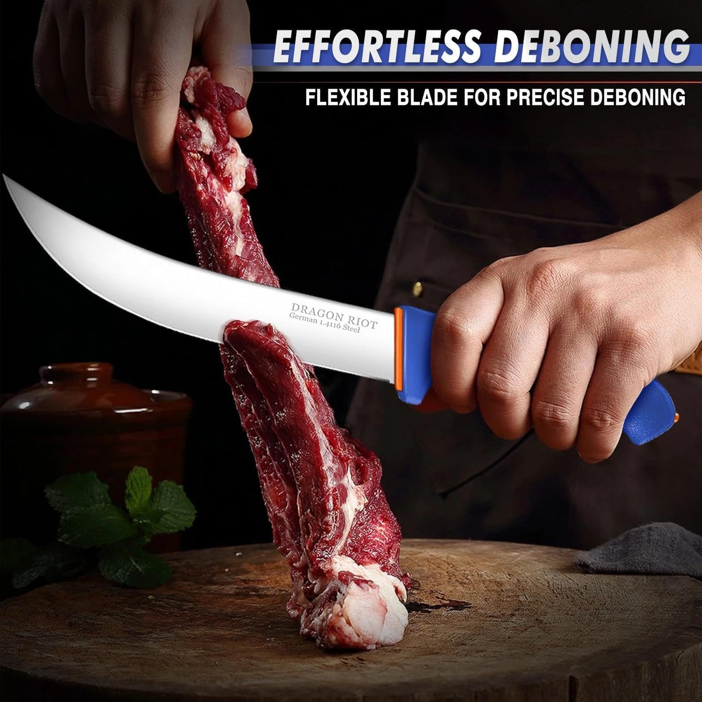 DRAGON RIOT 6 Pcs Butcher Knives Set, Meat Processing Knife Set for Brisket Trimming with German Stainless Steel and Blue Non-Slip Handle,Ideal Christmas Gift for Man and Woman