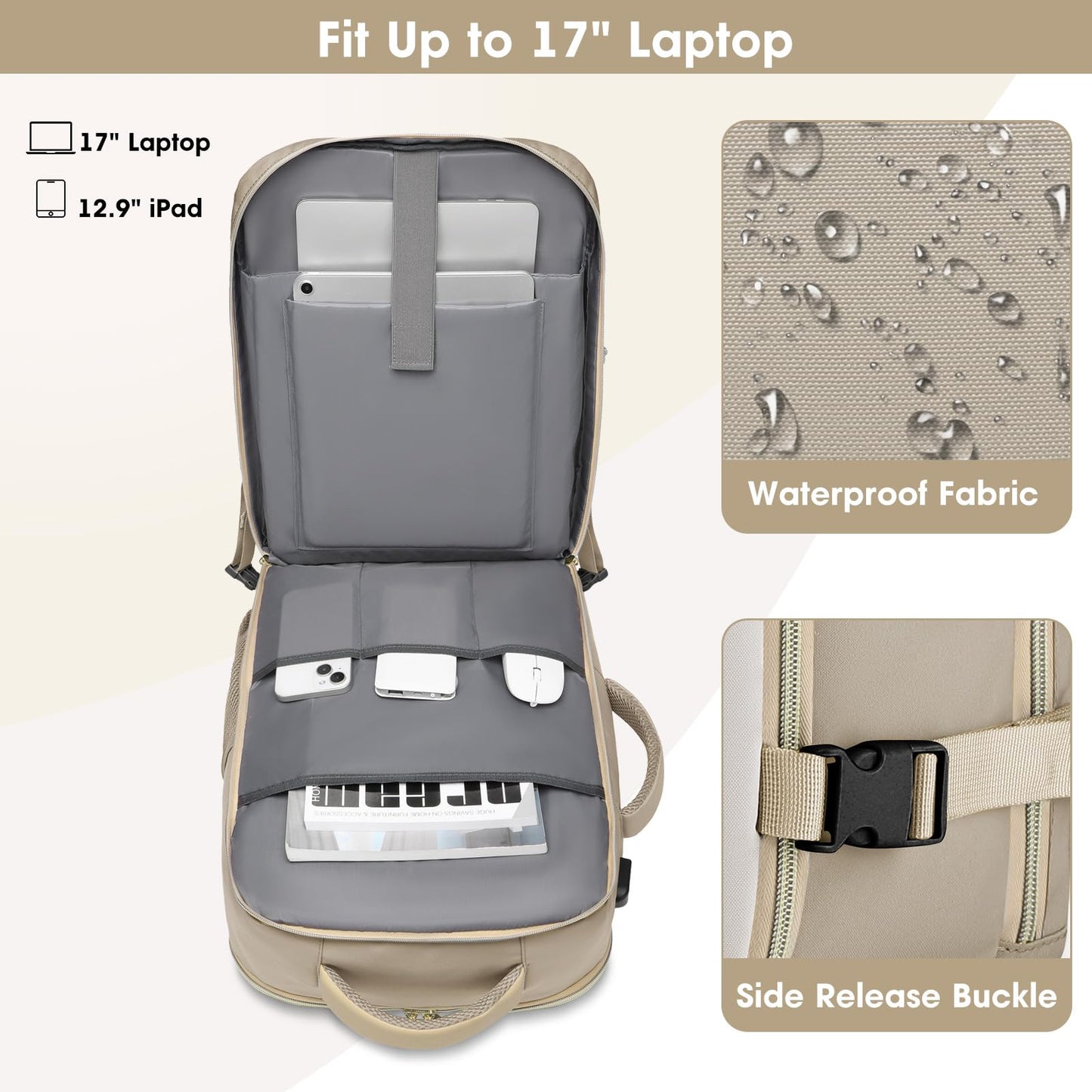 Large Carry On Travel Backpack: Flight Approved 40L Waterproof Personal Item Daypack for Women Weekender Bag fit 17inch Laptop Luggage Backpack Traveling Business with USB Port and 3 Packing Cubes