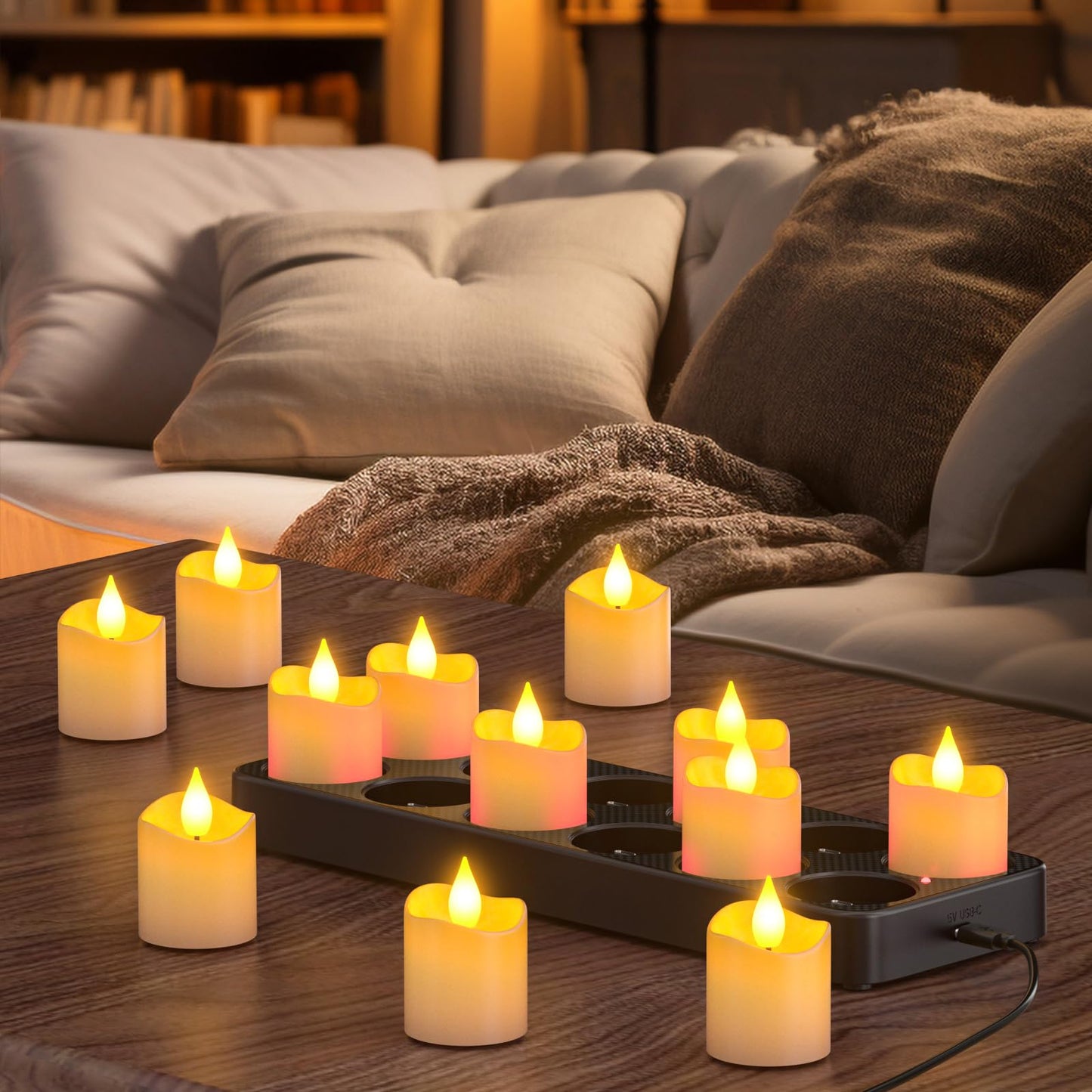 Yme Rechargeable Tea Lights Candles with Charger Storage Base, 12 Pack Battery Operated LED Flameless Votive Candles with Remote Timer for General Fireplace Halloween Pumpkins Christmas Party Decor