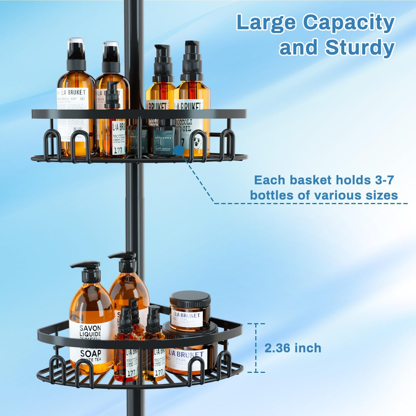 cutefafa Rustproof Corner Shower Caddy with Tension Rod, 4 Large Baskets for Bathtub Shampoo Storage Organizer Bathroom Height Adjustable Shelves from 50 to 297 cm with Towel Bar