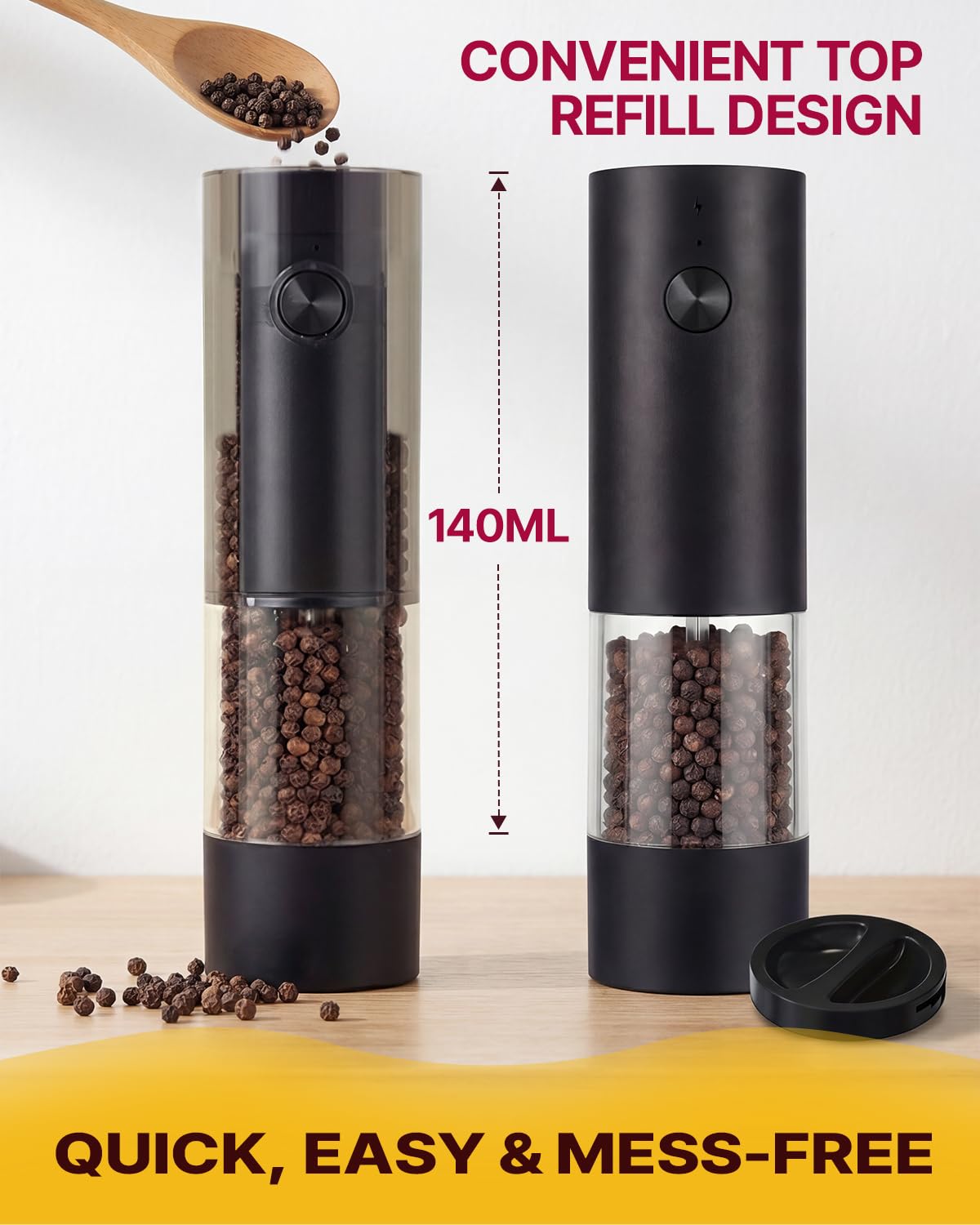 Katbite Electric Salt and Pepper Grinder Set with Charging Base, Rechargeable Automatic Pepper Grinder Easy Top Refill, Adjustable Coarseness, 140ml Large Capacity, One-Handed Operation for Kitchen