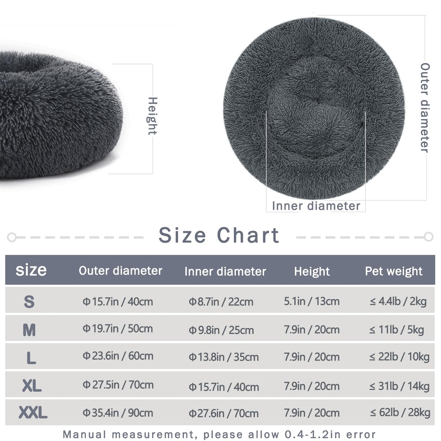 Calming Dog and Cat Bed Donut - 23.6'' Dog Bed Small, Fluffy Cat Anti Anxiety Beds for Indoor Cats, Washable Pet Bed with Non-Skid Bottom for Dogs and Cats, Dark Grey L(23.6in/60cm)