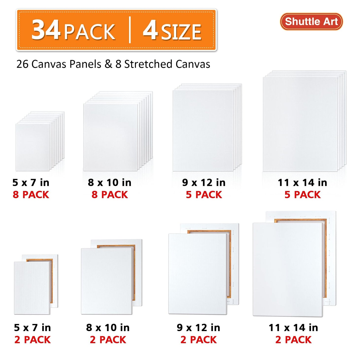 Shuttle Art Canvases for Painting, 34 Pack Multi Sizes Stretched Canvas and Canvas Panels, 5x7”, 8x10”, 9x12”, 11x14”, 100% Cotton Primed Canvas Boards for Painting, Blank Canvas for Acrylic Oil Paint