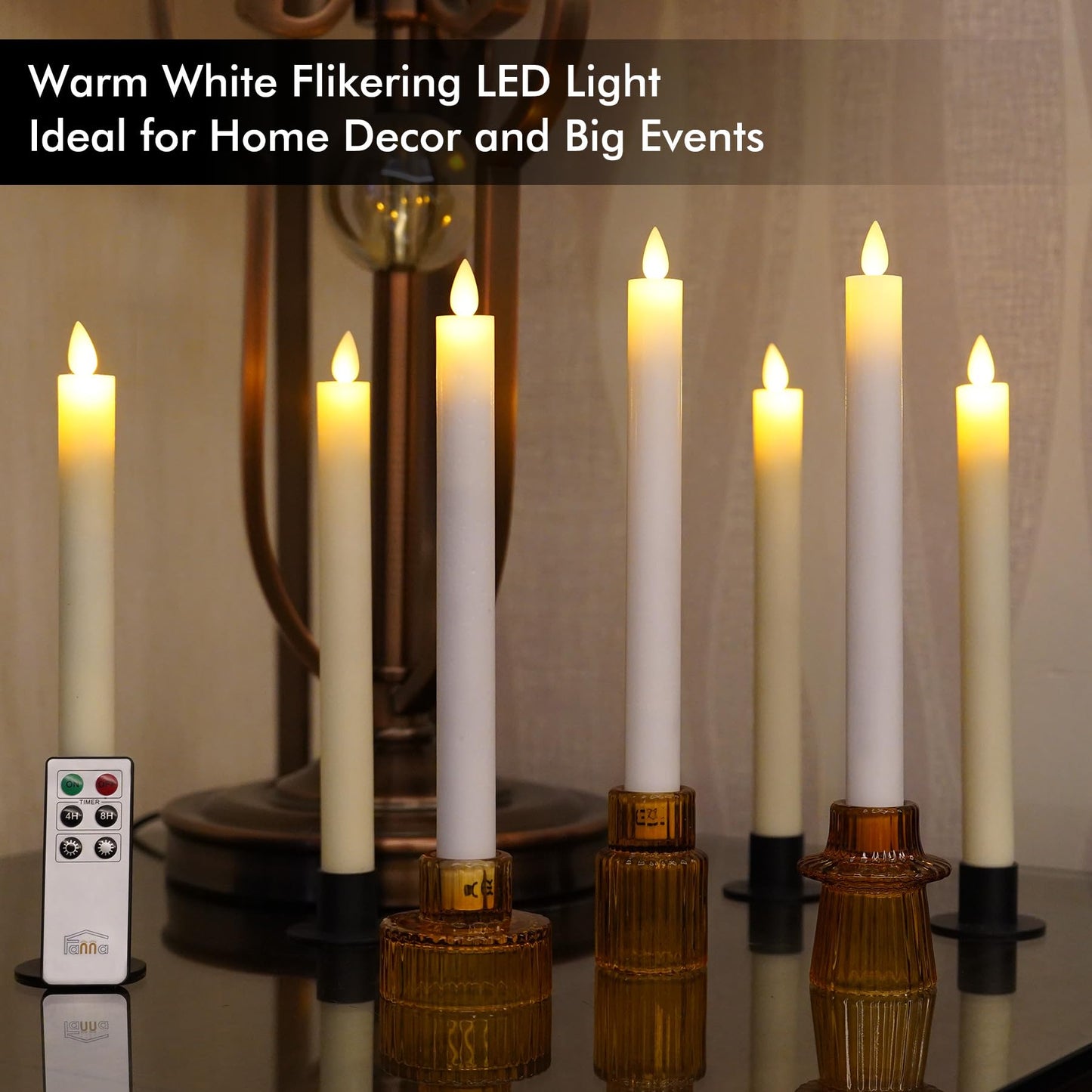 Fanna 9.4" Flameless Taper Candles with Moving Flame, Real Wax Finished Flickering Battery Operated Candles, Remote Control & Batteries Included - Set of 4