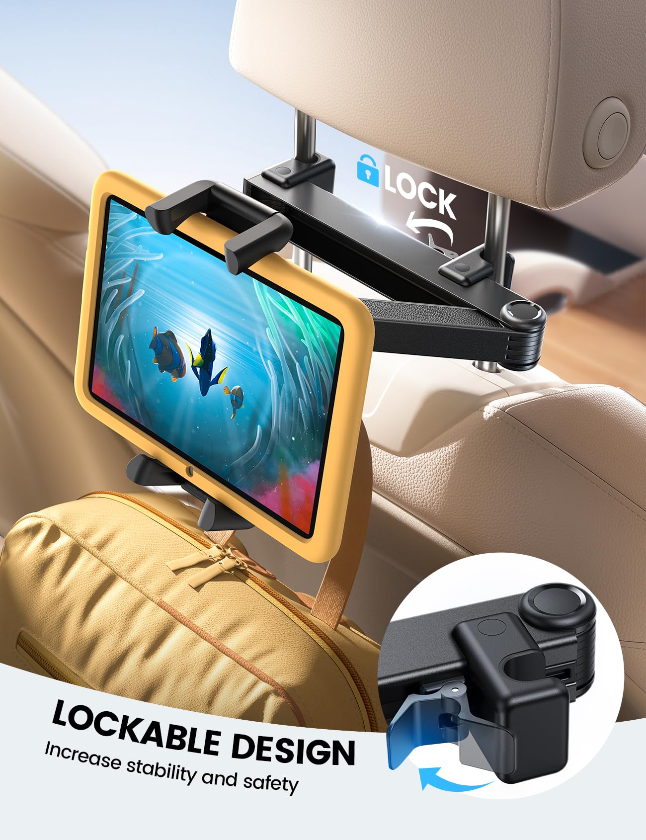 Lamicall Car Headrest Tablet Holder - [Foldable Clip] [Lockable] [Thick Case Friendly] Car Backseat Tablet Mount, Car Accessories for Kids, for iPad Pro, Air, Mini, Galaxy, Fire HD, 4.7-13", Mom Gift