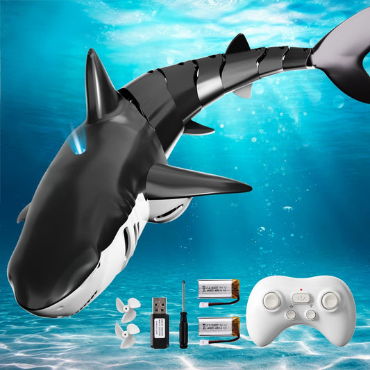 BLmukce 2.4GHz Remote Control Shark Toy for Pool, 1:18 Scale High Simulation RC Shark with Light & Spray Water, Electric Remote Controlled Swimming Water Toy Boat for 4 5 6 7 Year olds Kid Boys Girls