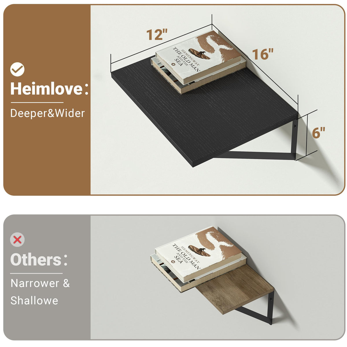 Heimlove 12 Inch Deep Black Floating Shelves，Wood Wall Shelves 16" W x 12" D Set of 2,Wall Mounted Shelves for Living Room, Bedroom, Kitchen, Bathroom,Closet and Decor Storage，Black Bracket