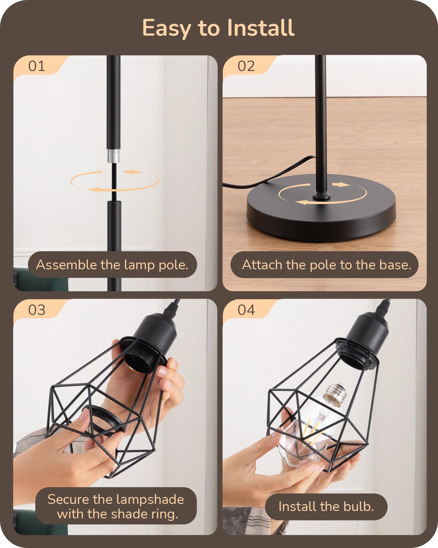 EDISHINE 70IN Farmhouse Floor Lamps for Living Room, Dimmable Industrial Tall Standing Lamps 3 LED Edison Bulbs Included, Diamond-Shaped Cage, Rustic Tree Corner Light for Bedroom, Office, Black