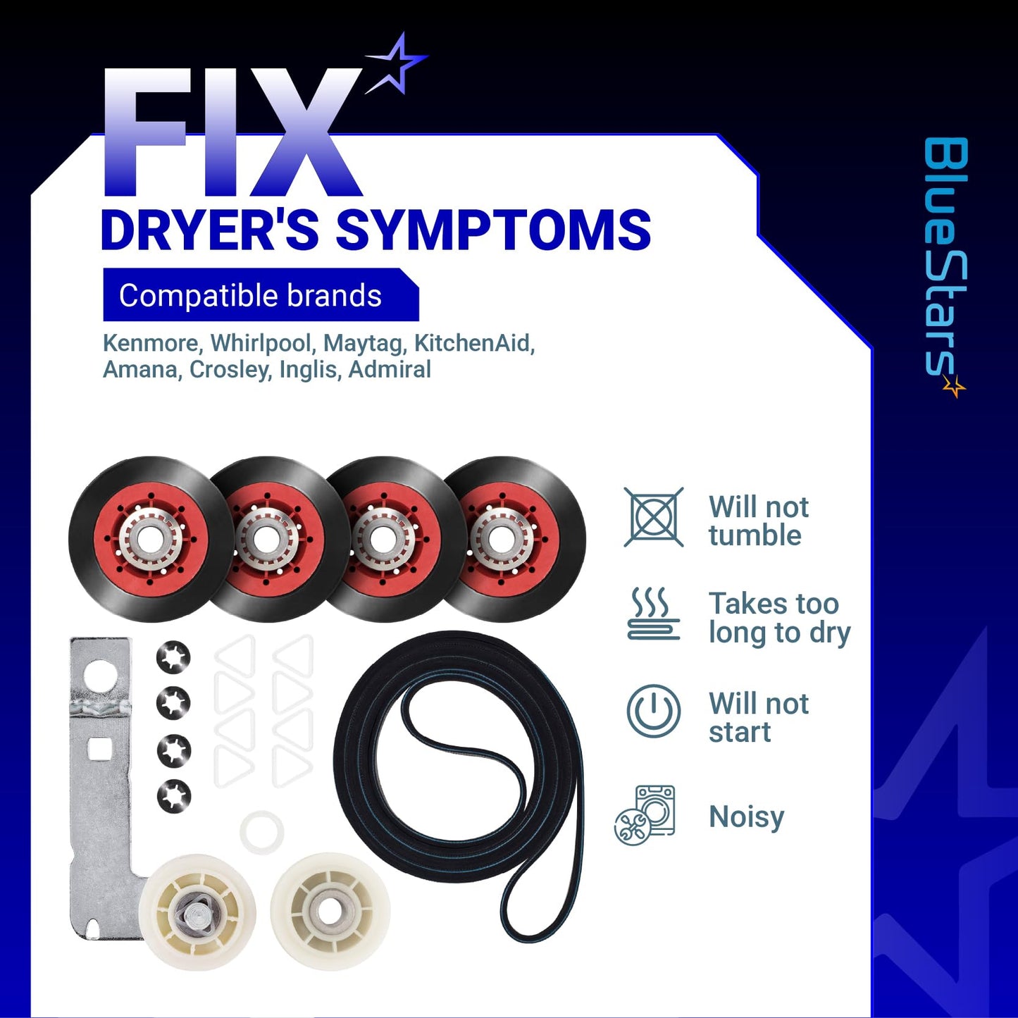 [2026 upgraded] BlueStars 4392067 Dryer Repair Kit and W10837240 Idler Pulley - For Whirlpool Cabrio Duet Maytag Bravos XL Kenmore Elite - WPW10314173 Drum Roller 661570V Belt 279640 Idler Pulley