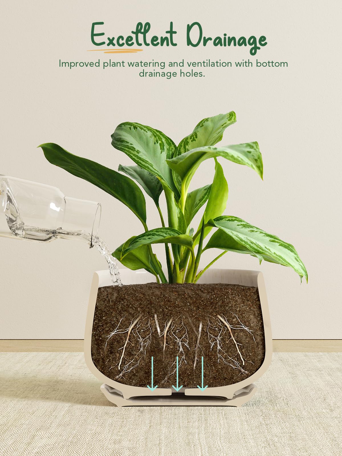 LE TAUCI Plant Pots for Indoor Plants, Set of 3, 4+5+6.5 Inch Ceramic Plant Pots with Drainage Hole & Saucer, Indoor Flower Pot with Mesh Pad, Pot Plante Interieur, Reactive Glaze Beige