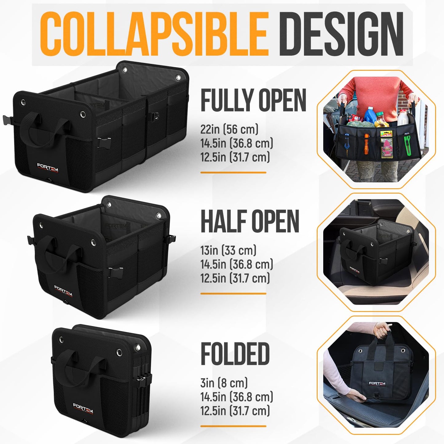 FORTEM SUV Trunk Organizer, Car Organizer, Collapsible Multi-Compartment Storage Bag for Car Accessories for Women Men, 1680D Oxford, Non Slip Bottom, Adjustable Straps, Soft Cover (65L)