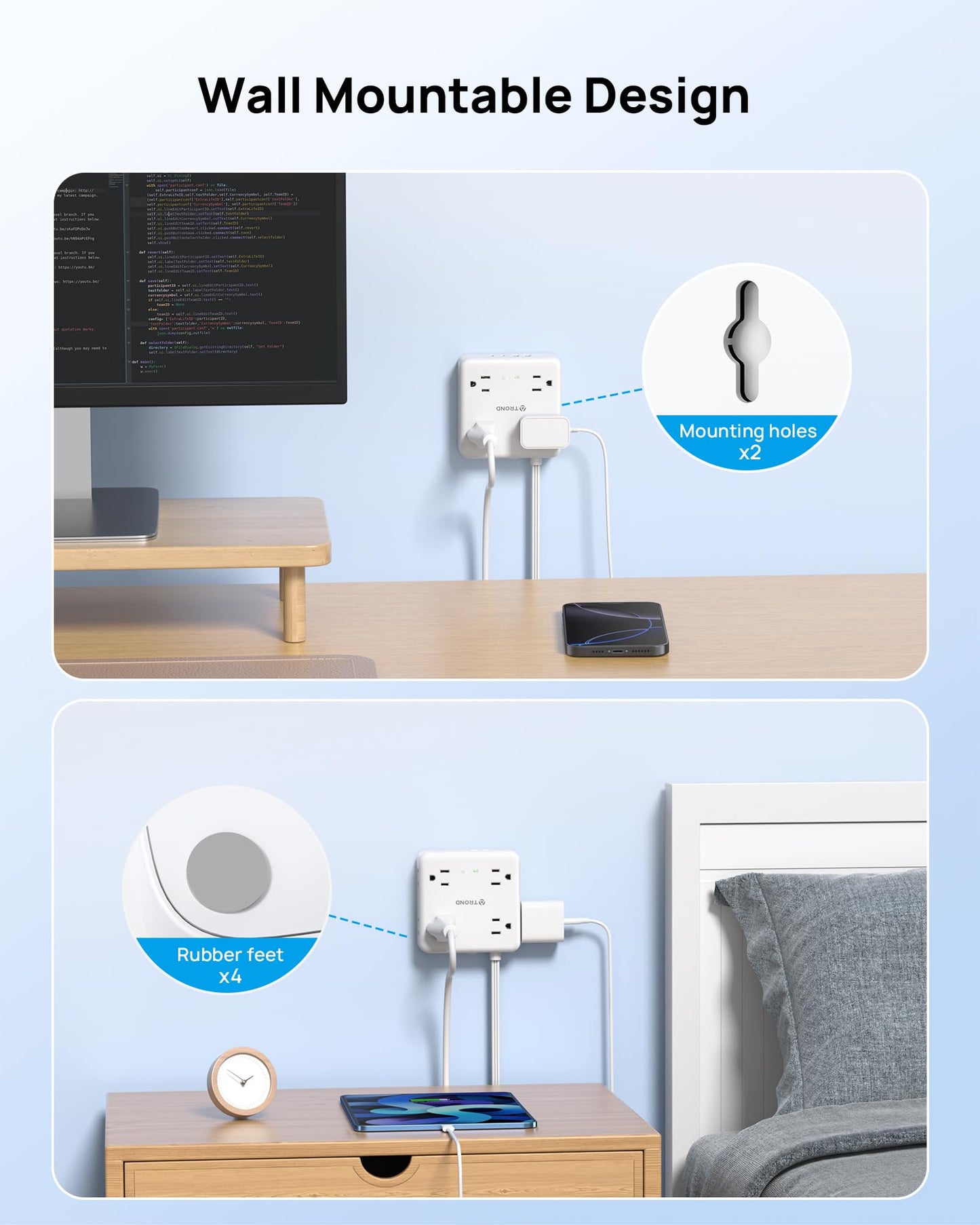TROND 360° Rotating Flat Plug Power Bar with 2 USB C, 8 Widely Spaced Outlets, 5FT Slim Extension Cord, 1440J Surge Protector Power Strip, Wall Mount for Home Office Dorm Travel Essentials, White
