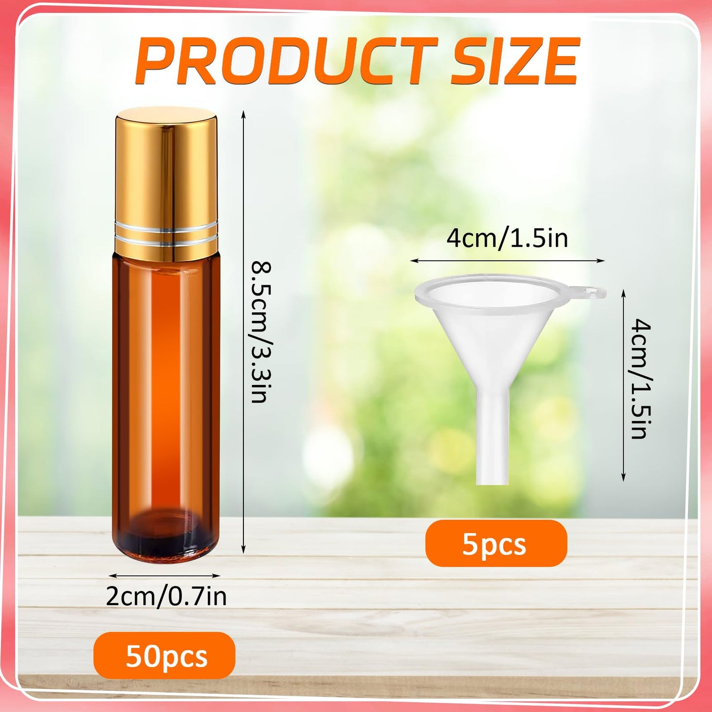 50 Pack Essential Oil Roller Bottles,10ml Glass Roll on Bottles with Funnels, Stainless Steel Roller Balls Bottle Refillable Empty Roll on Perfume Bottle for Travel(Amber)